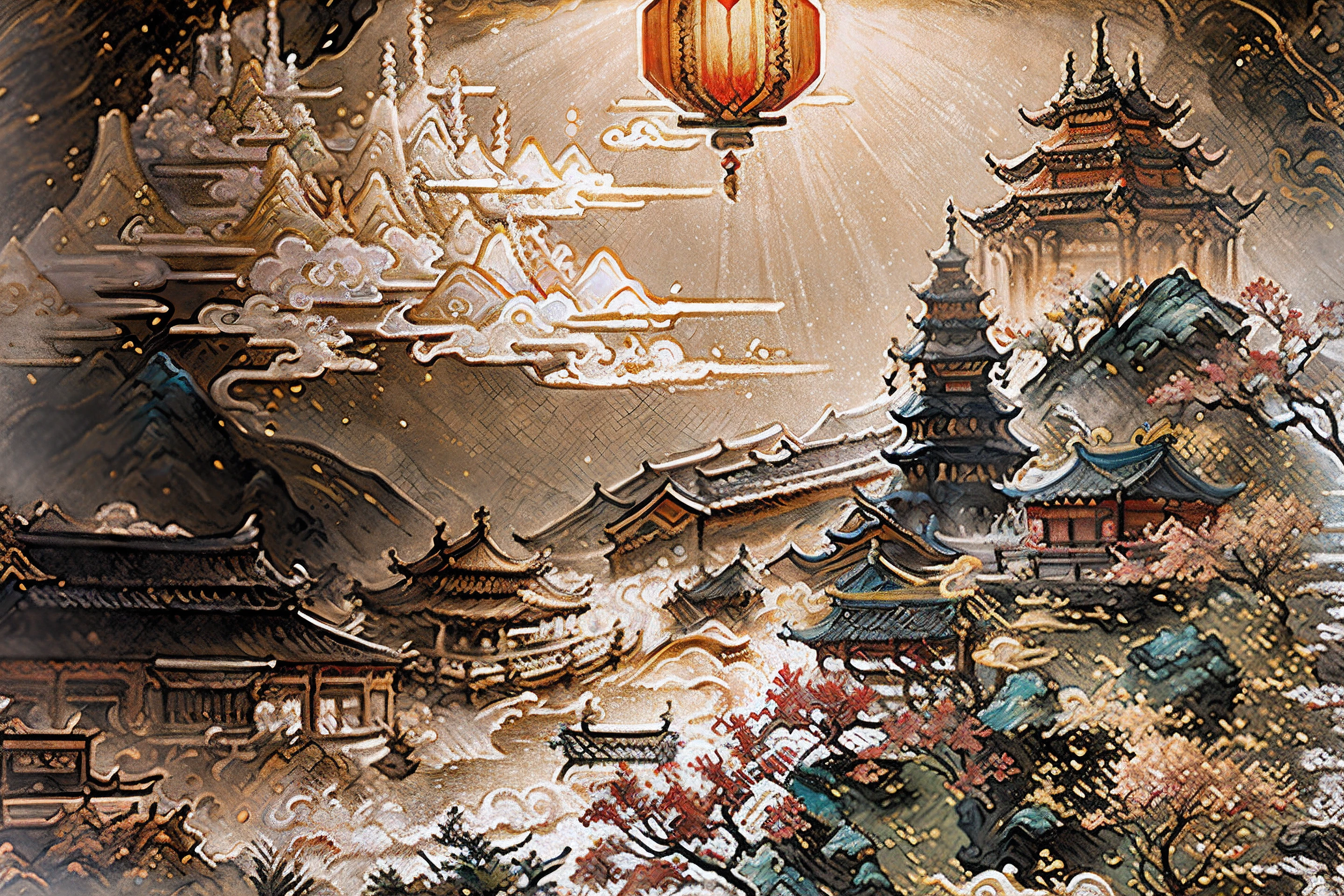 ancient chinese painting, ancient chinese background, mountains, river, auspicious clouds, pavilions, sunlight, masterpiece, super detail, epic composition, ultra hd, high quality, extremely detailed, official art, unified 8k wallpaper, super detail, 32k