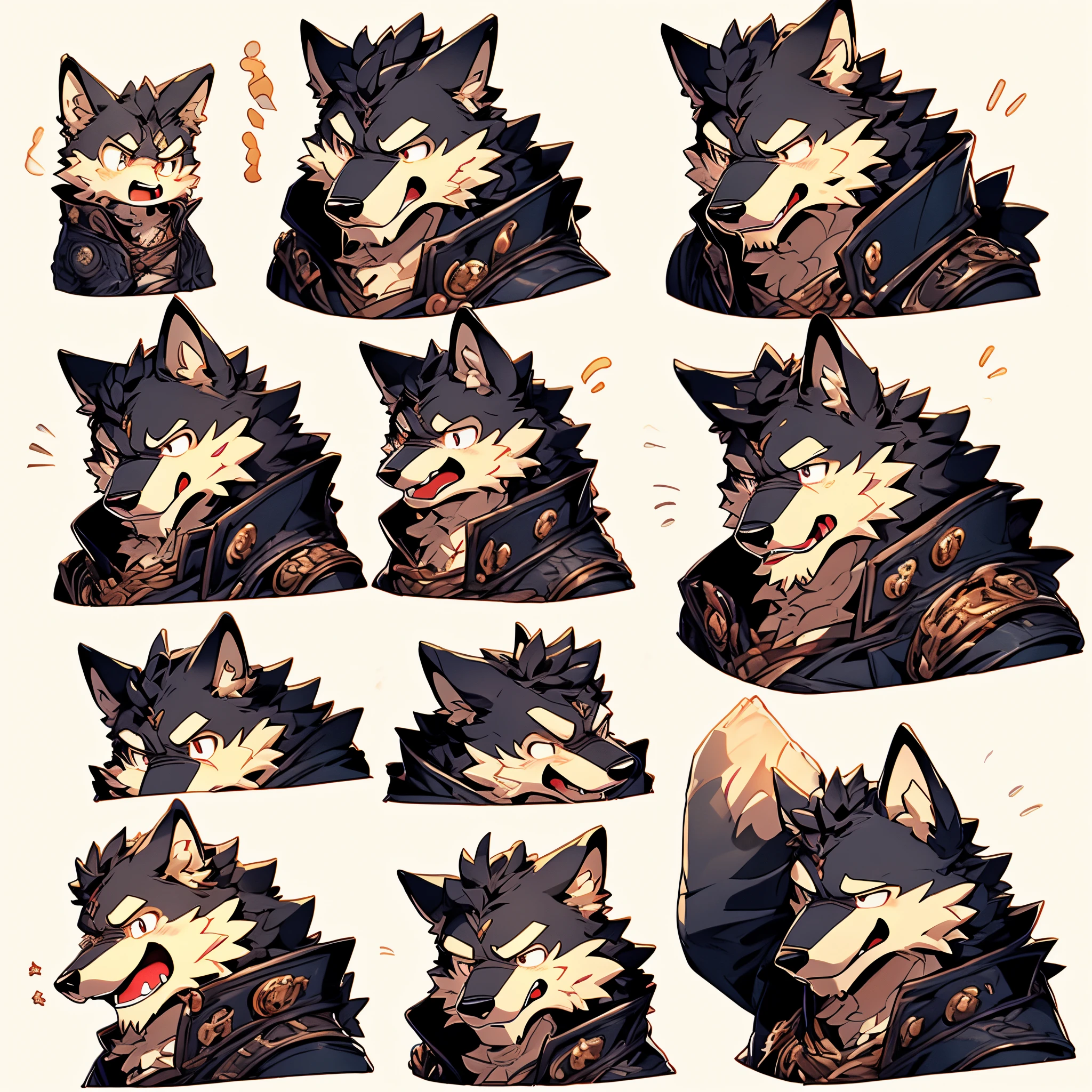 (9+emoji, sleepy, big laughter, worried, irate, embarrassed, amazed, indifferent, sad, happy), chibi, upper body, big head, antro(wolf), furry, male, black fur, white belly, muscular, steampunk costume, absurdres(highly detailed beautiful face and eyes)perfect anatomy, (ultra detailed), sharp focus, niji, eyesgod, black eye, white beard,  middle-aged, old-aged, white background