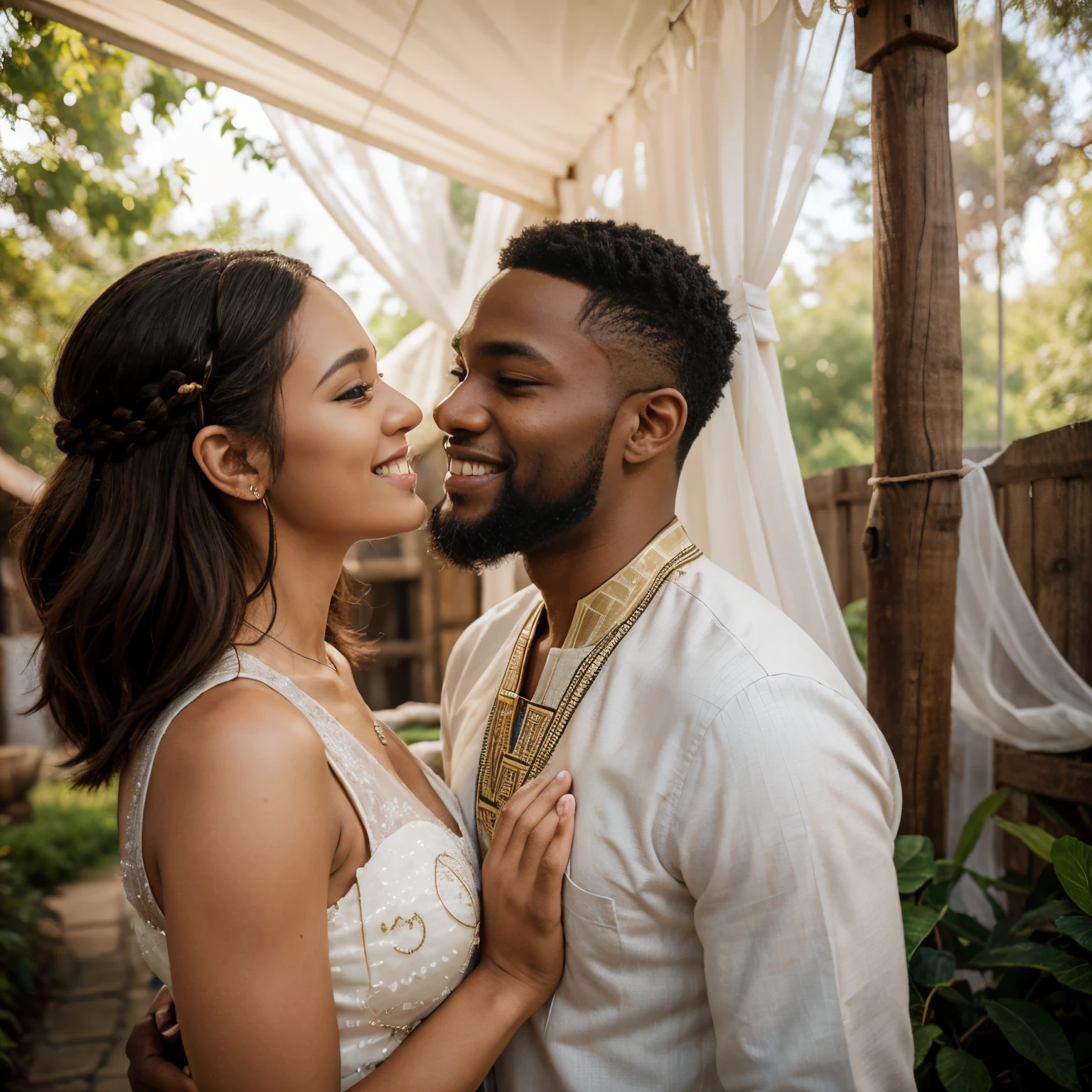 Produce a realistic and detailed visual representation of a happy african couple, that love each other, with special attention to detail. They are wearing elegant traditional African Igbo Nigerian attire. They are very joyful and full of laughter. Very detailed face. Very detailed eyes. The Man is very tall and handsome with a beard. Place them against an immersive backdrop of stunning natural landscapes, ensuring the atmosphere conveys attraction and beauty. Highlight the couple's emotional connection and harmony with the natural nature surroundings in the composition of the image , portrait lighting