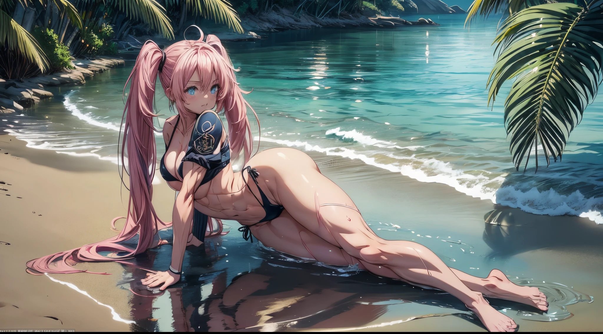 1 girl, (medium breasts))), (((wearing short bikini))), (long pink hair), (((blue eyes))), thin arms, (on the beach at night with starry sky and full moon) , (thin waist), (((muscular legs))), muscular belly, bare feet, (((lying on the sand sensualizing and showing her big ass to me))), (full body photo), (twintails), Long Eyes, eye reflection, bad mood, anime, anime style, ray tracing, reflection, drop shadow, panorama, Sony FE, 8k, UDisk, masterpiece, accurate, anatomically correct, Super detail, best quality, ultra high resolution, Hard Udisk, 16k