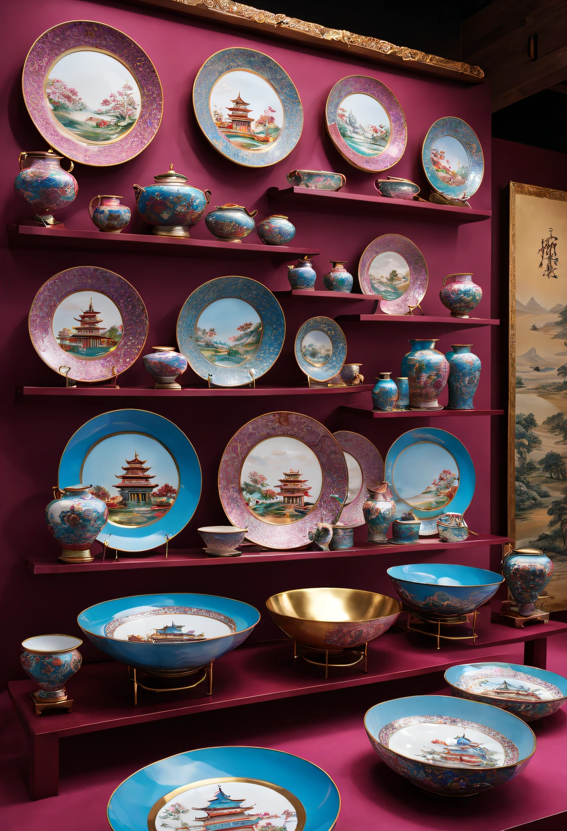 (Very unified CG design),(Item design), (Cloisonne Theme Park Cultural Relics Exhibition Hall),(plates on display rack,bowl,vases,chopsticks),dreamland dreamland,ultra-realistic realism,Asymmetrical balance ,( magenta )Carmine+( blue white colors )Blue-cyan+( tin foil gold )golden colored,