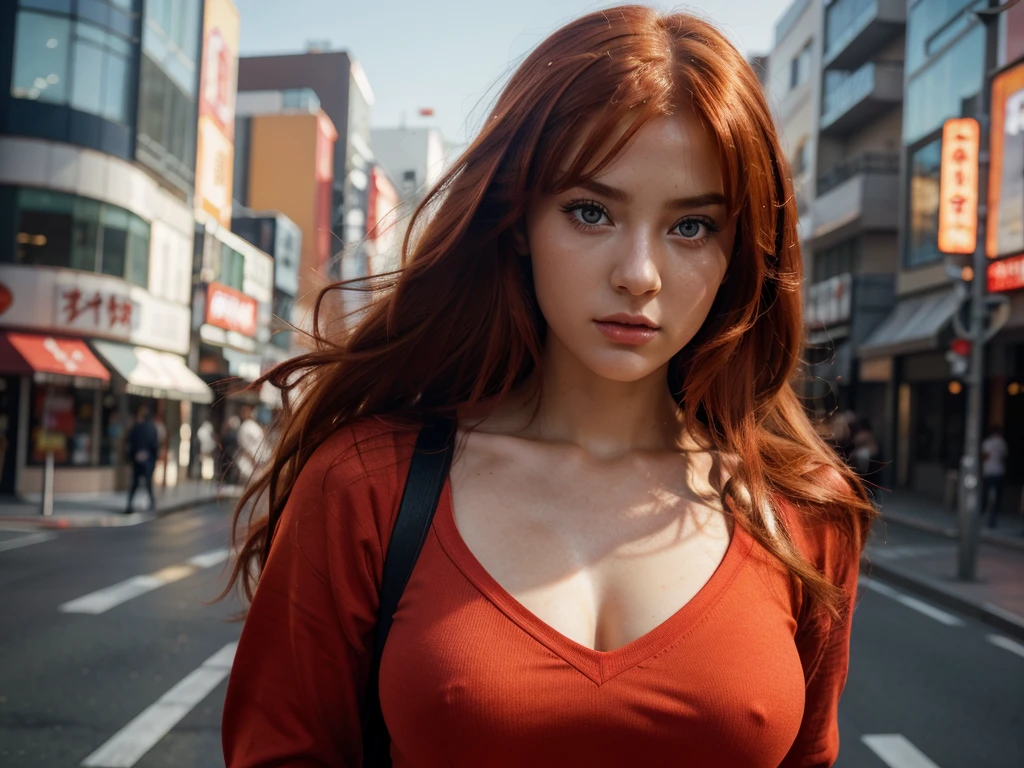 (best quality,highres),ultra-detailed,realistic,
beautiful detailed eyes,stunning fiery red hair,flawless fair skin, Asuka Langley Soryu, Asuka langley, Beautiful Pretty Mixed German Babe,
intense gaze, strong and confident allure expression ,thin red lips,
fierce attitude,
standing in the tokyo street
wearing a loose red uniform, accentuating her curves,
,
color palette with vibrant reds and cool blues,
dramatic lighting,casting shadows on her face,
artistic portrait style, combining realism and anime influences.