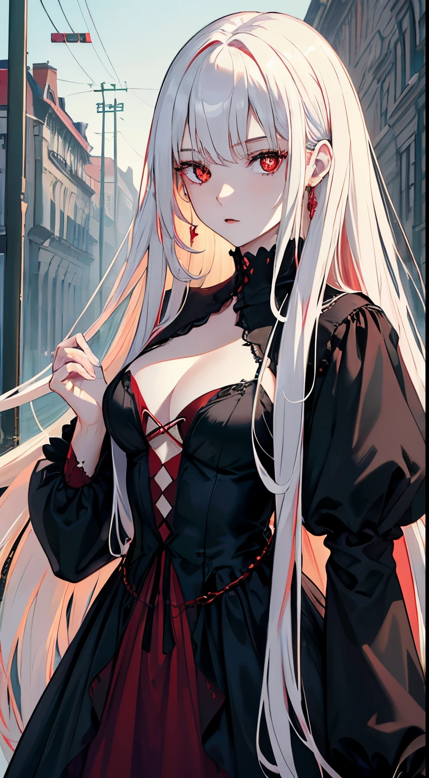 handsome girl,red-eyes,red pupils,Long white hair,Hyperresolution,accuracy,Detailed rendering,(Subtle facial image)(Image of fine hair)(topquality)(Masterpieces of masters)(High degree of completeness)(A sense of atmosphere)tmasterpiece,Super detailed and super detailed(half-body portrait)wearing a black velvet dress