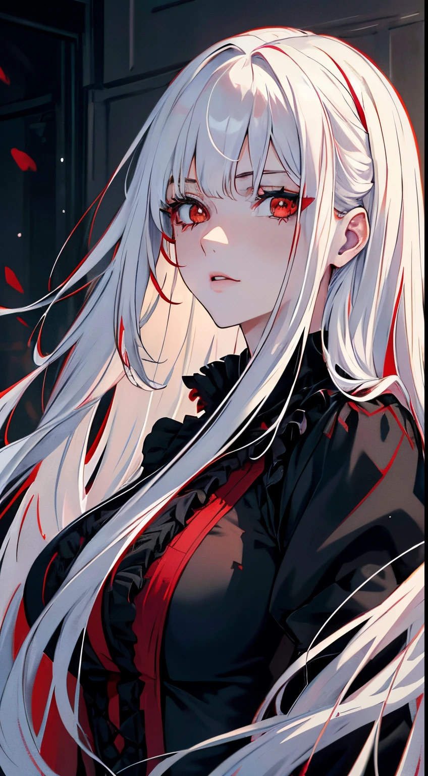 handsome girl,red-eyes,red pupils,Long white hair,Hyperresolution,accuracy,Detailed rendering,(Subtle facial image)(Image of fine hair)(topquality)(Masterpieces of masters)(High degree of completeness)(A sense of atmosphere)tmasterpiece,Super detailed and super detailed(half-body portrait)wearing a black velvet dress