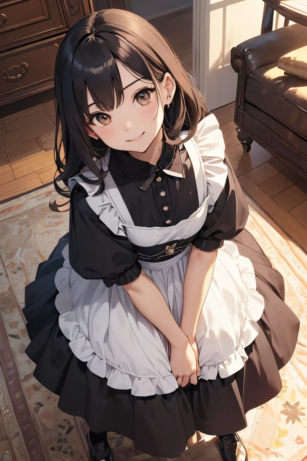 (maid style) (in a detailed summer maid clothes), (15 yo, solo:2 blunt bangs black hair long hair cute maid girl, sexy closed eyes, love smile), (in the entrance), (pov, frontale, lookup face), BREAK, perfect anatomy, masterpiece, best quality, 16k, beautiful detailed grow, daydreaming expression.