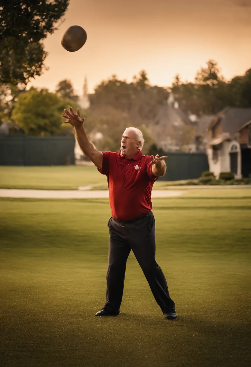 An image of the character angrily throwing a baseball across the backyard,original,50 year old while male that is a football coach and is visibly upset , male