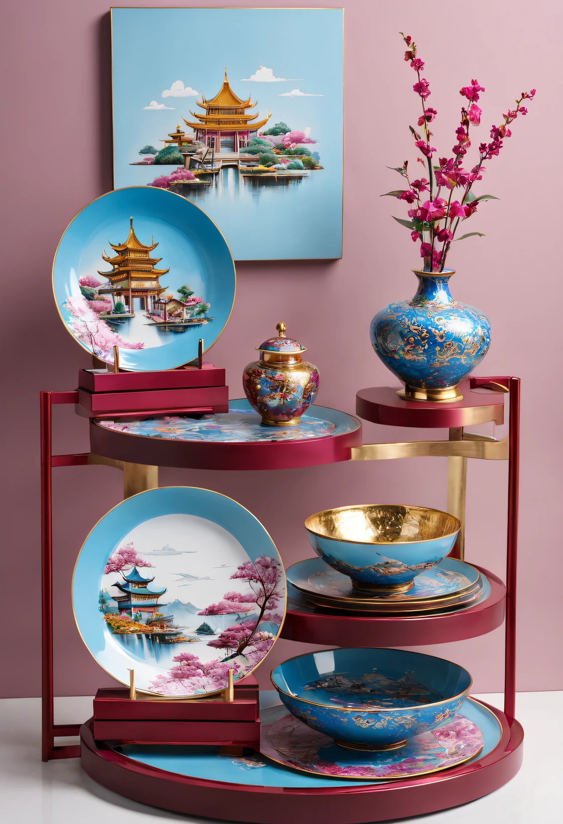 （Very unified CG design），（Item design）， (cloisonne theme park books），（plates on display rack，bowl，vases，chopsticks），dreamland dreamland，ultra-realistic realism，Asymmetrical balance ，( magenta ）Carmine＋( blue white colors ）Blue-cyan＋( tin foil gold ）golden colored，