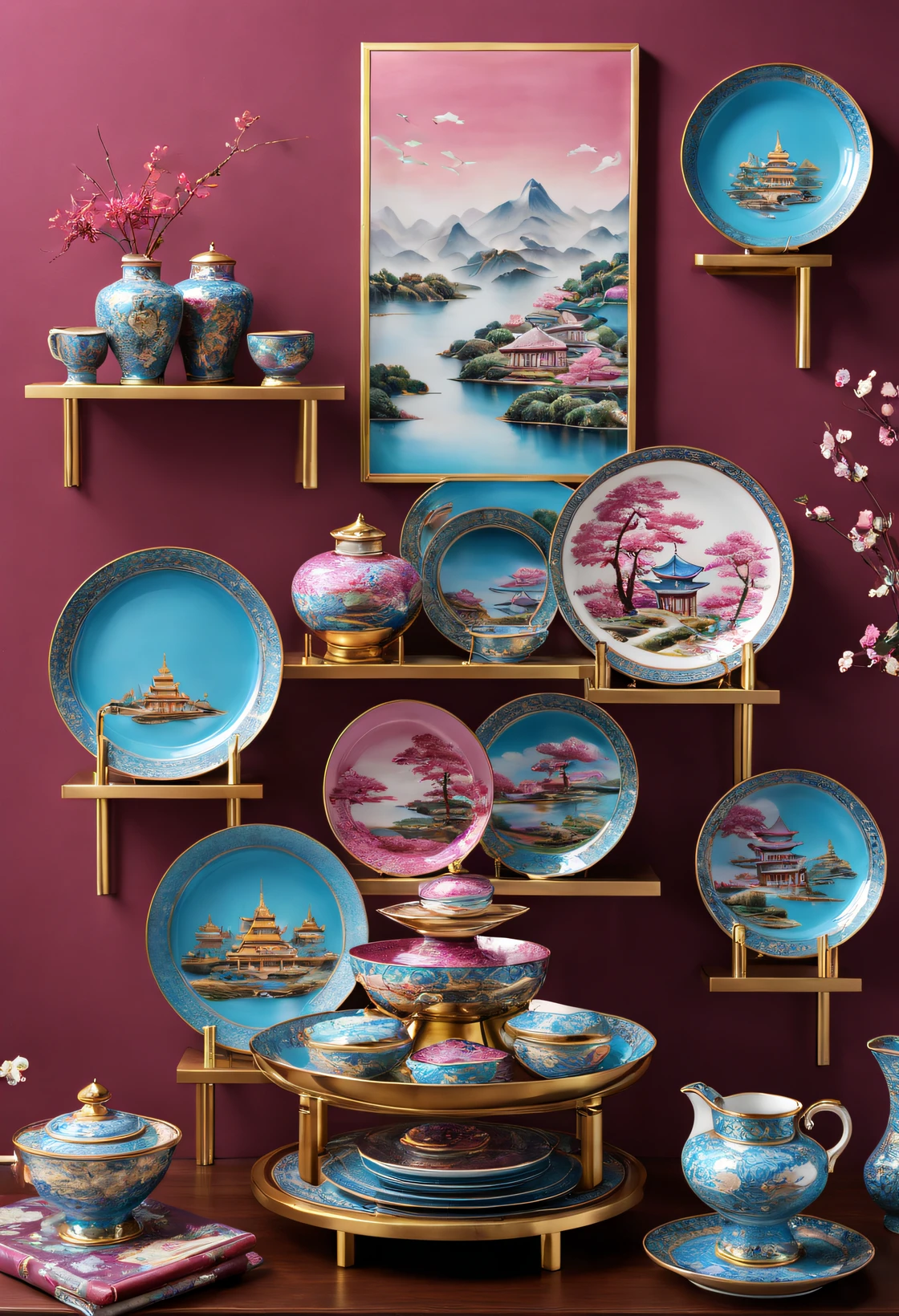 （Very unified CG design），（Item design）， (cloisonne theme park books），（plates on display rack，bowl，vases，chopsticks），dreamland dreamland，ultra-realistic realism，Asymmetrical balance ，( magenta ）Carmine＋( blue white colors ）Blue-cyan＋( tin foil gold ）golden colored，
