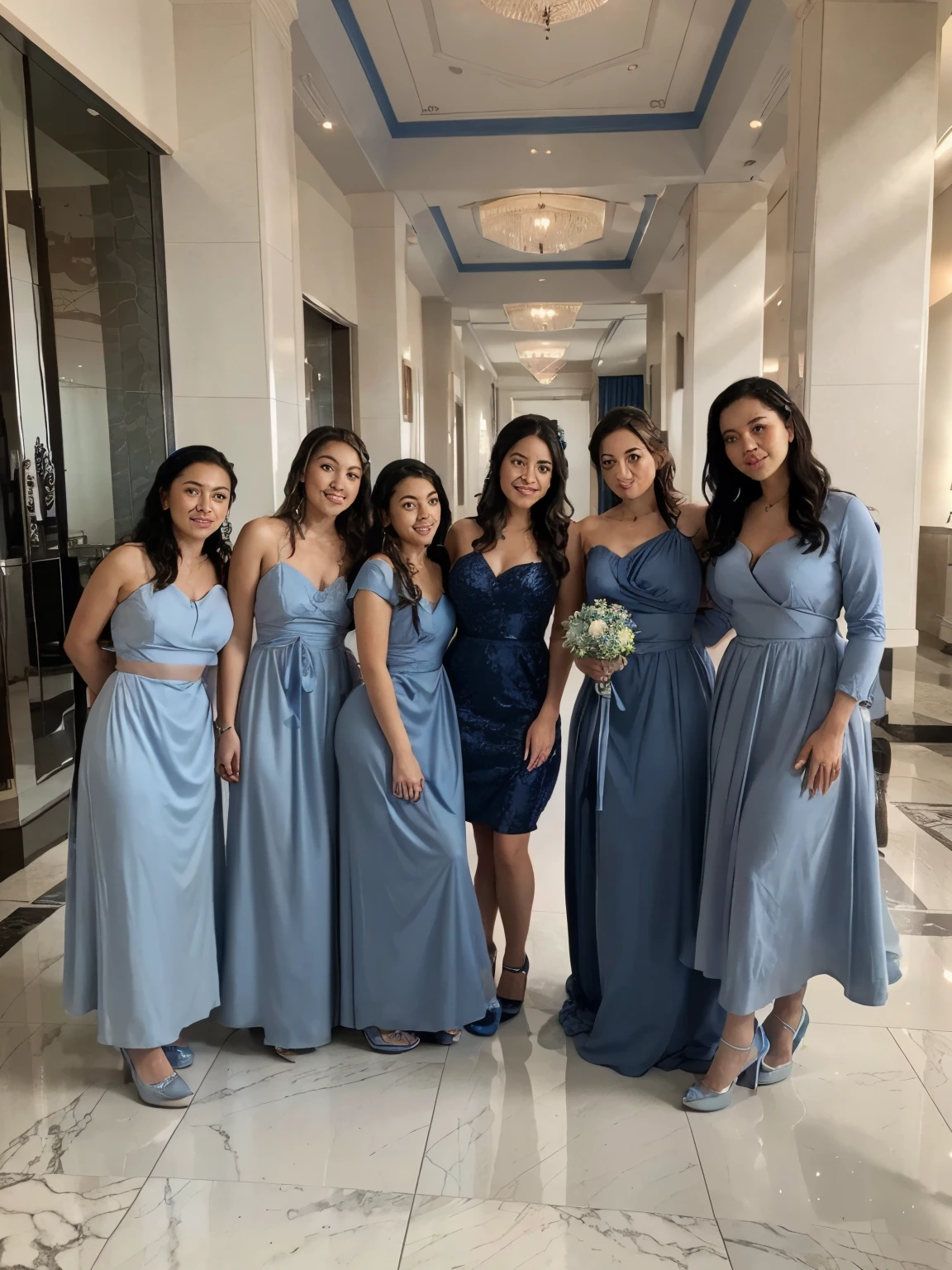 bridesmaids pose for a picture in a hotel lobby, blue themed, blue and grey theme, 🤬 🤮 💕 🎀, grey and blue theme, wearing blue dress, wearing a blue dress, formal attire, by Robbie Trevino, photo taken in 2 0 2 0, blue toned, shades of blue and grey, dressed in blue, formal wear, in blue dress