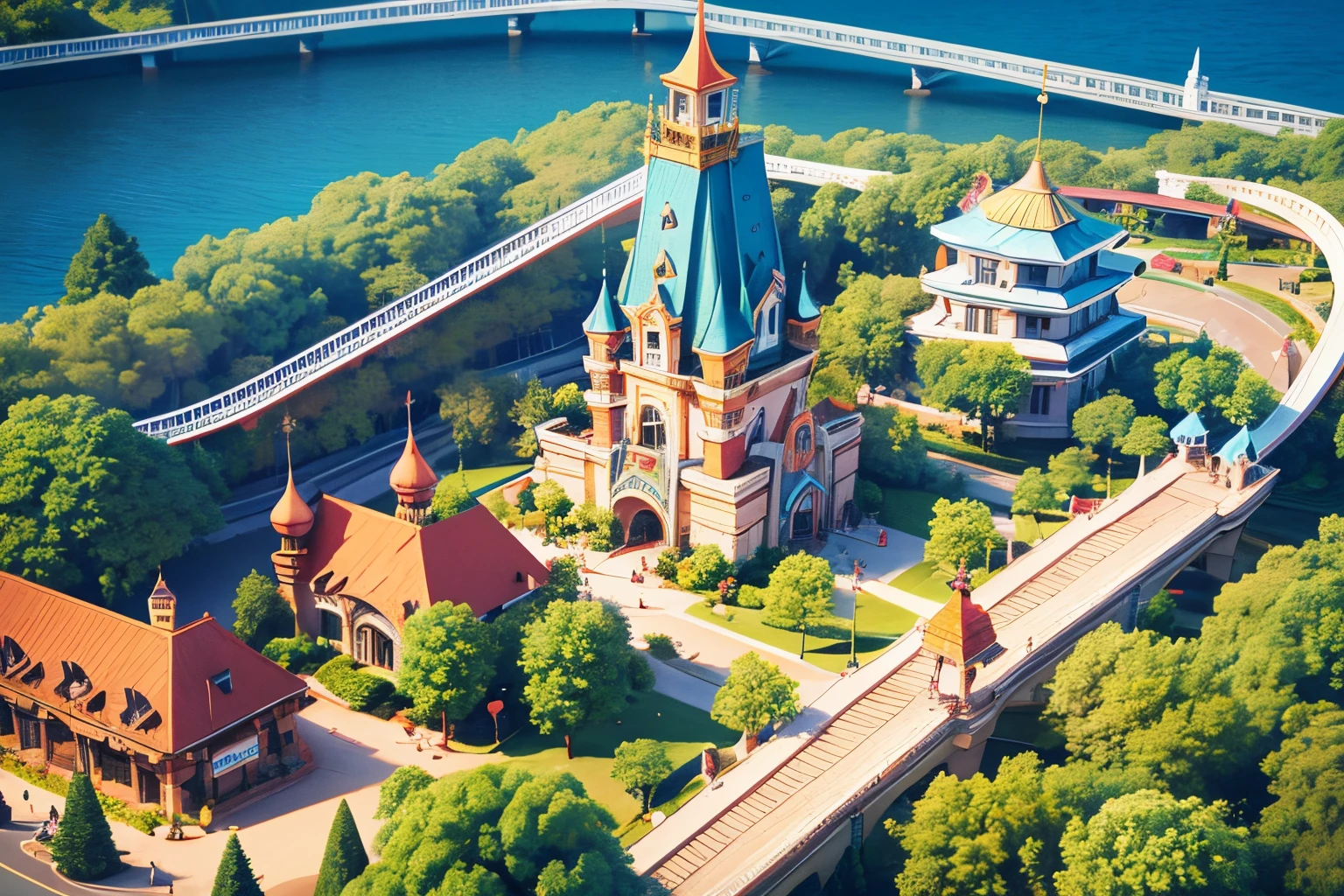 Draw Isometric View of Theme Park, where Lyuli walk freely and communicate with wild animals., and wild animals are not afraid of people and approach them, Wild Animal Theme Park, people petting kind wild animals, people hug wild animals, wild animals are very kind, Pixar 3D style, Very high detail, fairy park, bright colors in Disney style, Wide angle, height 25 meters