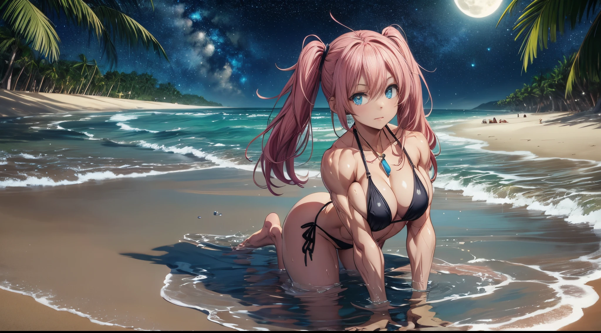 1 girl, (medium breasts))), (((wearing short bikini))), (long pink hair), (((blue eyes))), thin arms, (on the beach at night with starry sky and full moon) , (slim waist), (((muscular legs))), muscular belly, bare feet, (((lying on the sand showing her big ass to me))), (full body photo), (twintails), Long Eyes , eye reflection, bad mood, anime, anime style, ray tracing, reflection, drop shadow, panorama, Sony FE, 8k, UDisk, masterpiece, accurate, anatomically correct, Super detail, best quality, ultra high resolution, Hard Udisk, 16k