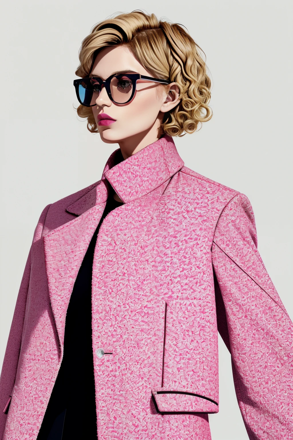 a 1girl, body complet, very detail, a lot of details, very extremely beautiful,  ((tmasterpiece, minimalism)), (wavy blonde ash short Hair), (stylish coat), bright colours, looks into the distance, bold pink lips, stylish glasses