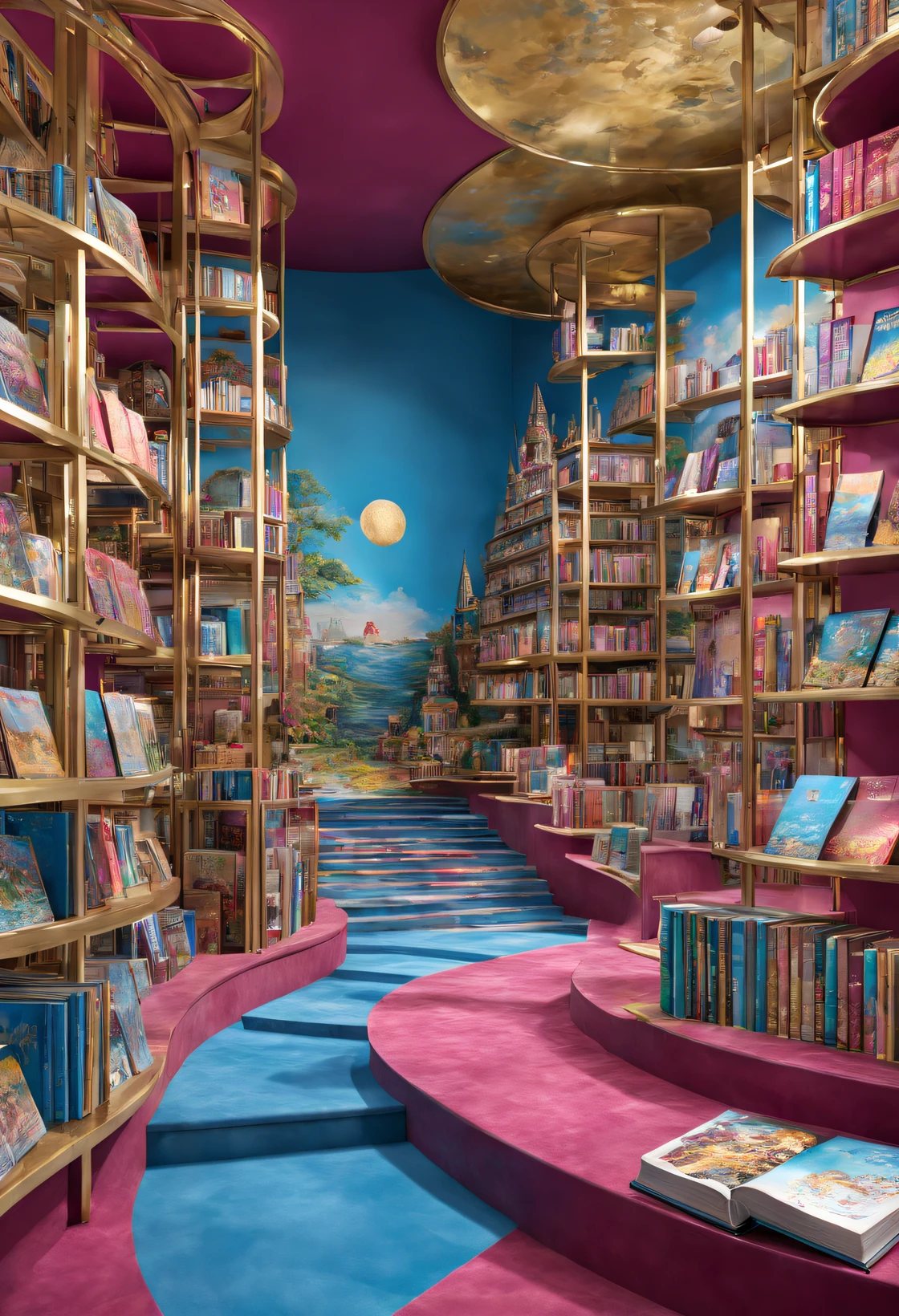 (Very unified CG design),(Item design), (cloisonne theme park books),(There are many books on the display shelf),dreamland dreamland,ultra-realistic realism,Asymmetrical balance ,( magenta )Carmine+( blue white colors )Blue-cyan+( tin foil gold )golden colored,