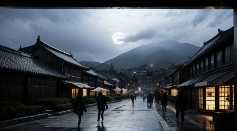 Medieval Korea at night, lamp, people walking, cloudy sky. fullmoon, Munsan, Light fog, gloomy mood, black and white, fearless
