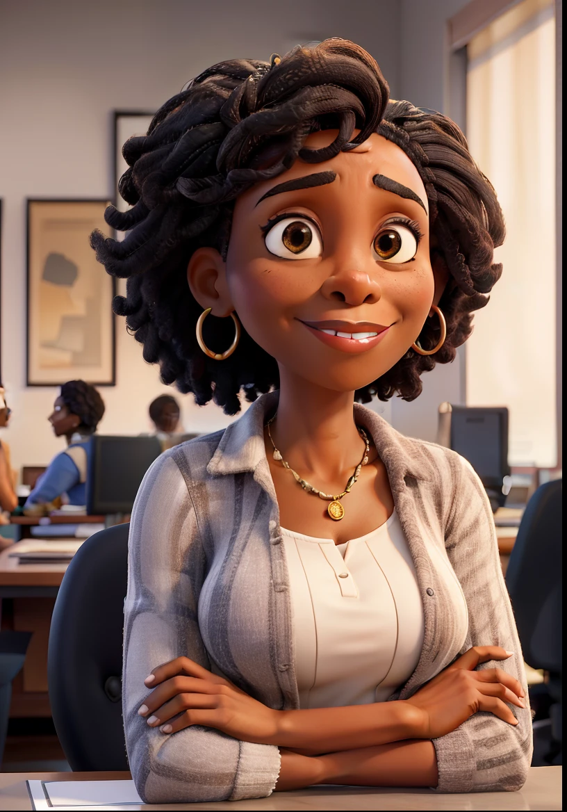 masterpiece, best quality ,Portrait of mid adult successful black mature woman looking at camera with arms crossed. Smiling african american business woman standing in new office .Portrait of mature woman.