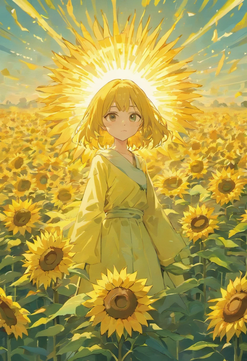 sunflower field,sunflower flower, courtyard, Rays of sunlight, symmetry, polar opposites, romanticism, About art, Contemporary art, Lumism, Cinematic lighting, sparkle, god rays, 光线追踪, UHD, retina, Masterpiece, ccurate, super detaill, Anatomically accurate., high detailed, High Quality, Award-Standing, Best Quality, high resolucion, 16 k