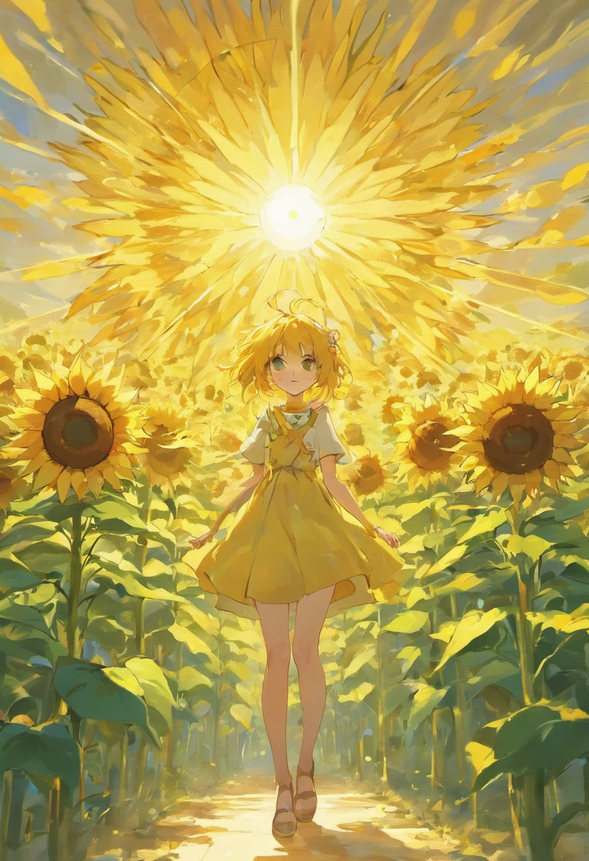sunflower field,sunflower flower, courtyard, Rays of sunlight, symmetry, polar opposites, romanticism, About art, Contemporary art, Lumism, Cinematic lighting, sparkle, god rays, 光线追踪, UHD, retina, Masterpiece, ccurate, super detaill, Anatomically accurate., high detailed, High Quality, Award-Standing, Best Quality, high resolucion, 16 k