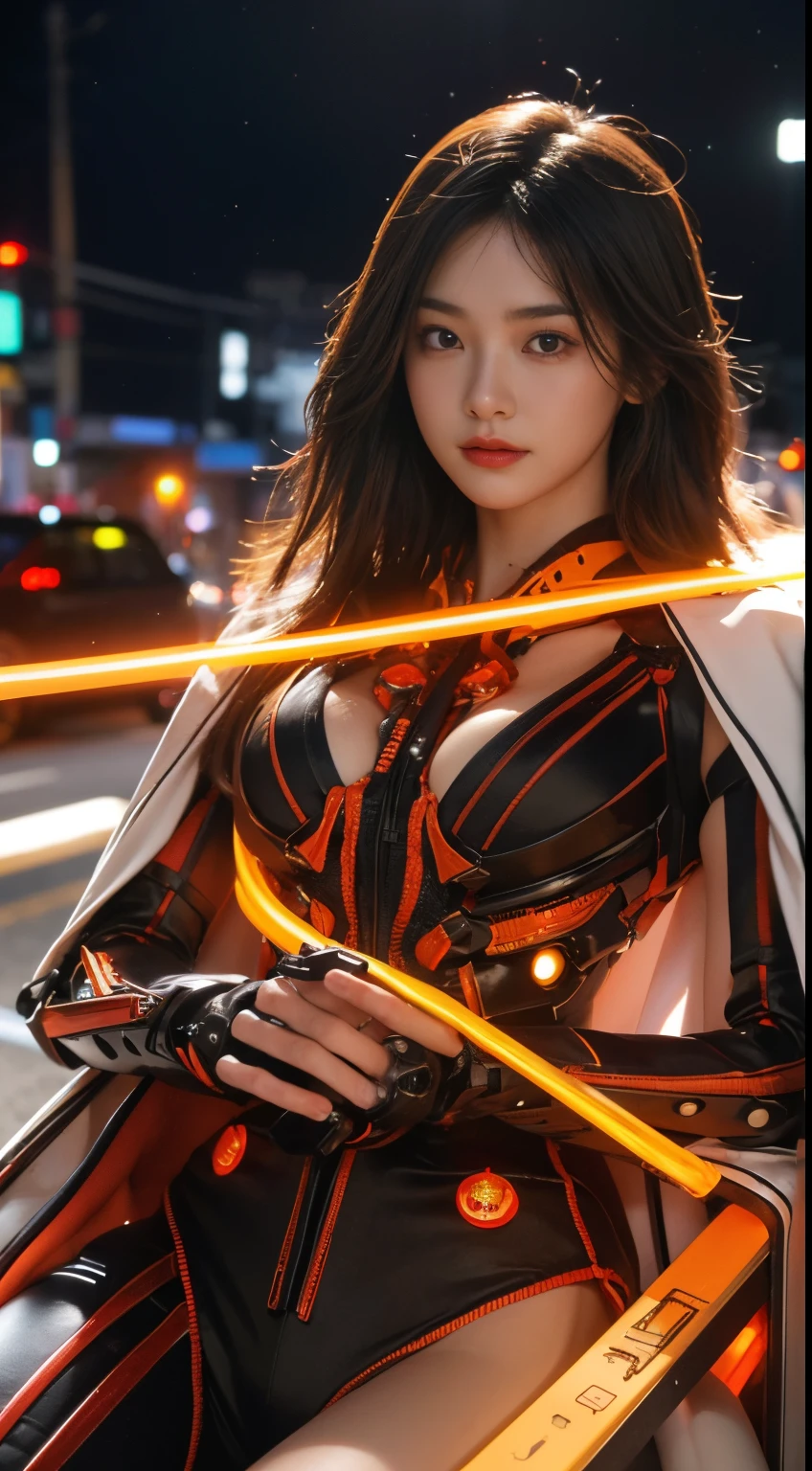 (1 Mechanical Girl)、top-quality、​masterpiece、超A high resolution、(Photorealsitic:1.4)、Raw photo、女の子1人、Golden hair、glowy skin、(((1 Mechanical Girl)))、(Small LED)、((super realistic details))、portlate、globalillumination、Shadow、octan render、8K、ultrasharp、Colossal tits、Raw skin is exposed in cleavage、metals、Details of complex ornaments、Japan details、highly intricate detail、Realistic light、CGSoation Trends、Red Eyes、radiant eyes、Facing the camera、neon details、(Mechanical limbs)、(blood vessels connected to tubes)、Mechanical vertebrae attached to the back、mechanical cervical attaching to neck、(Wires and cables connecting to the head)、Gundam、Small LED、,Mechanical thighs、Toostock、orange and black machine body