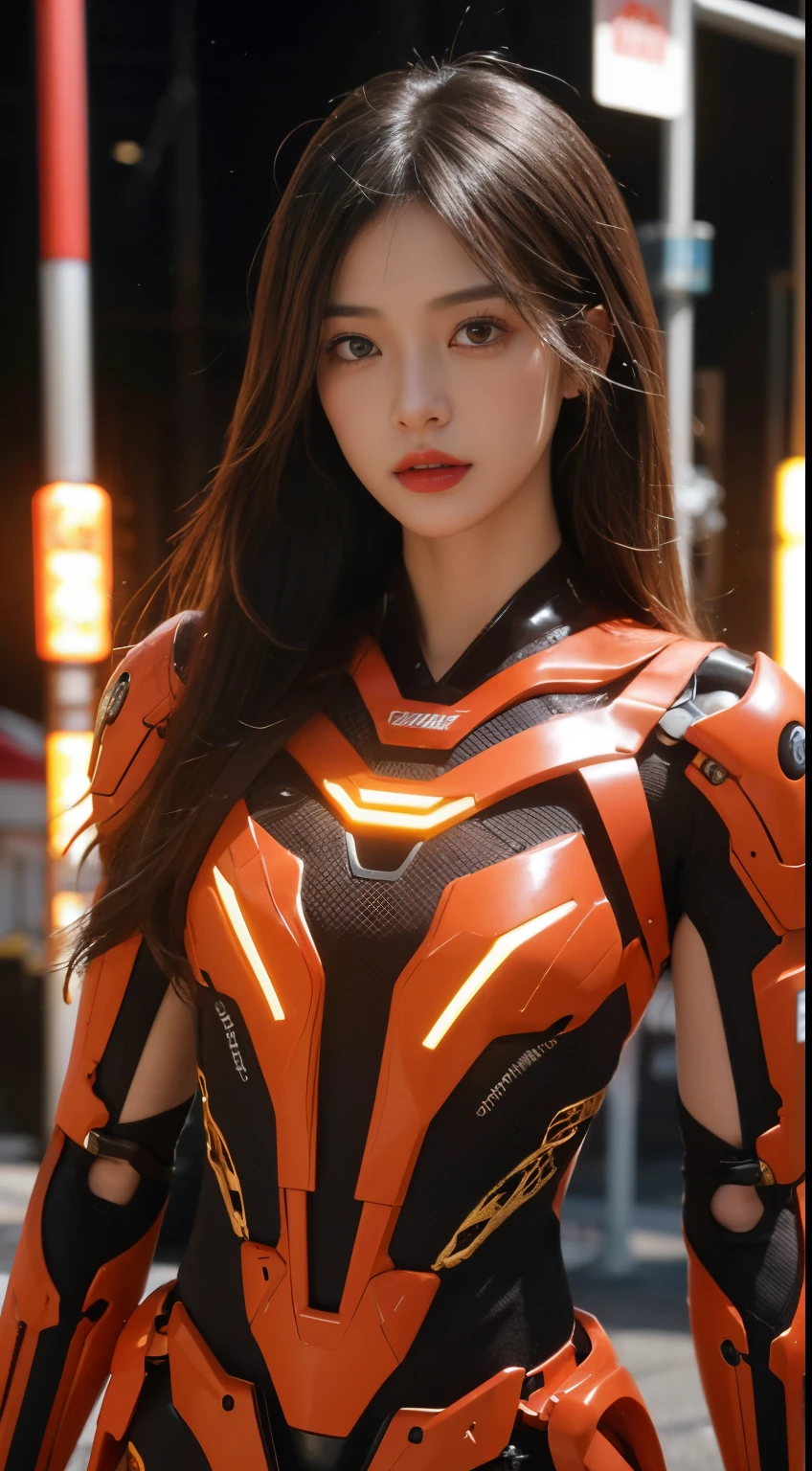 (1 Mechanical Girl)、top-quality、​masterpiece、超A high resolution、(Photorealsitic:1.4)、Raw photo、女の子1人、Golden hair、glowy skin、(((1 Mechanical Girl)))、(Small LED)、((super realistic details))、portlate、globalillumination、Shadow、octan render、8K、ultrasharp、Colossal tits、Raw skin is exposed in cleavage、metals、Details of complex ornaments、Japan details、highly intricate detail、Realistic light、CGSoation Trends、Red Eyes、radiant eyes、Facing the camera、neon details、(Mechanical limbs)、(blood vessels connected to tubes)、Mechanical vertebrae attached to the back、mechanical cervical attaching to neck、(Wires and cables connecting to the head)、Gundam、Small LED、,Mechanical thighs、Toostock、orange and black machine body