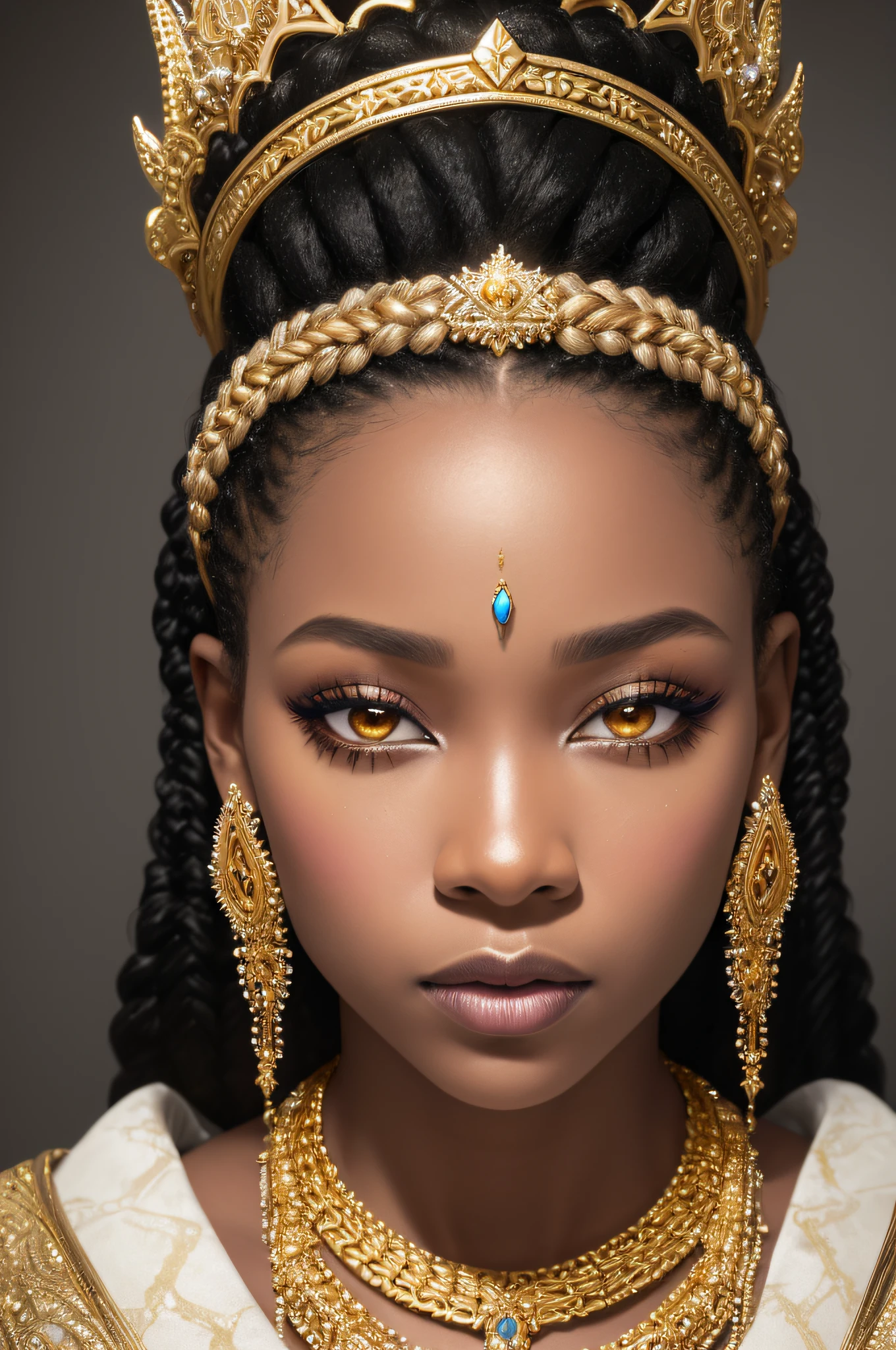 A hyper-realistic portrait of a black woman with intricate braided hair, wearing a gold crown and jewels, e uma roupa branca com detalhes dourados. Sua maquiagem inclui sombra escura e delineador, and his facial expression is neutral with a direct look at the viewer. intrincado, insanamente detalhado, natural lighting, global ilumination.The photo is taken with a Canon EOS R camera and has a cinematic, Hyper-realistic quality with vibrant colors and sharp details. HDR, 32k