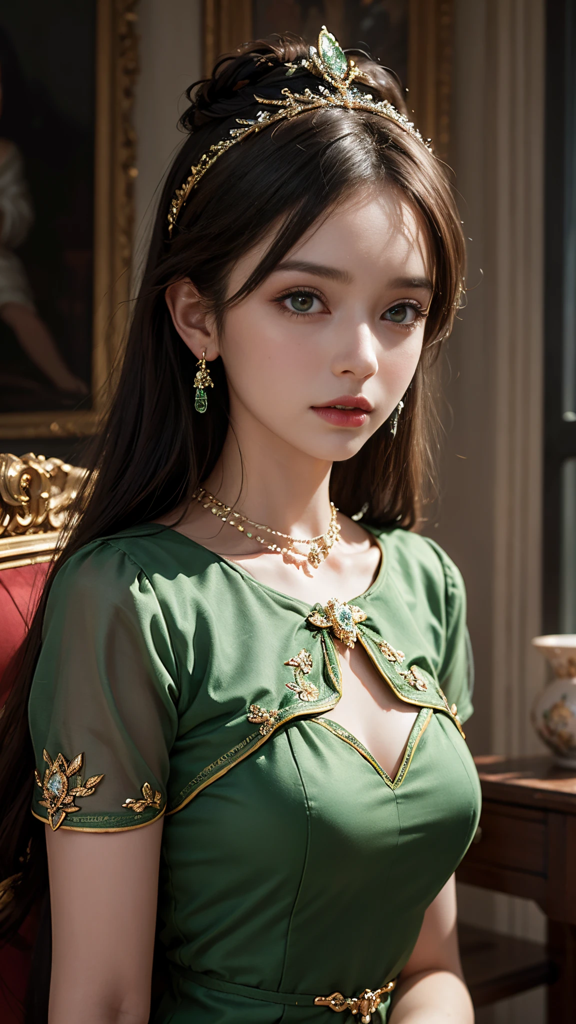 8K ultra hd, masterpiece, best quality, a beautiful girl, long hair, impressive hairstyle, royal hair jewelry, pretty cute face, flawless face, jewellery earrings, antique jewellery, details eyes, beautiful eyes, meticulous makeup, thin eyebrows, beautiful red lips, medium breasts, royal dress, green dress, light green laces, realistic colors, magic effect, night background, look directly at the audience,