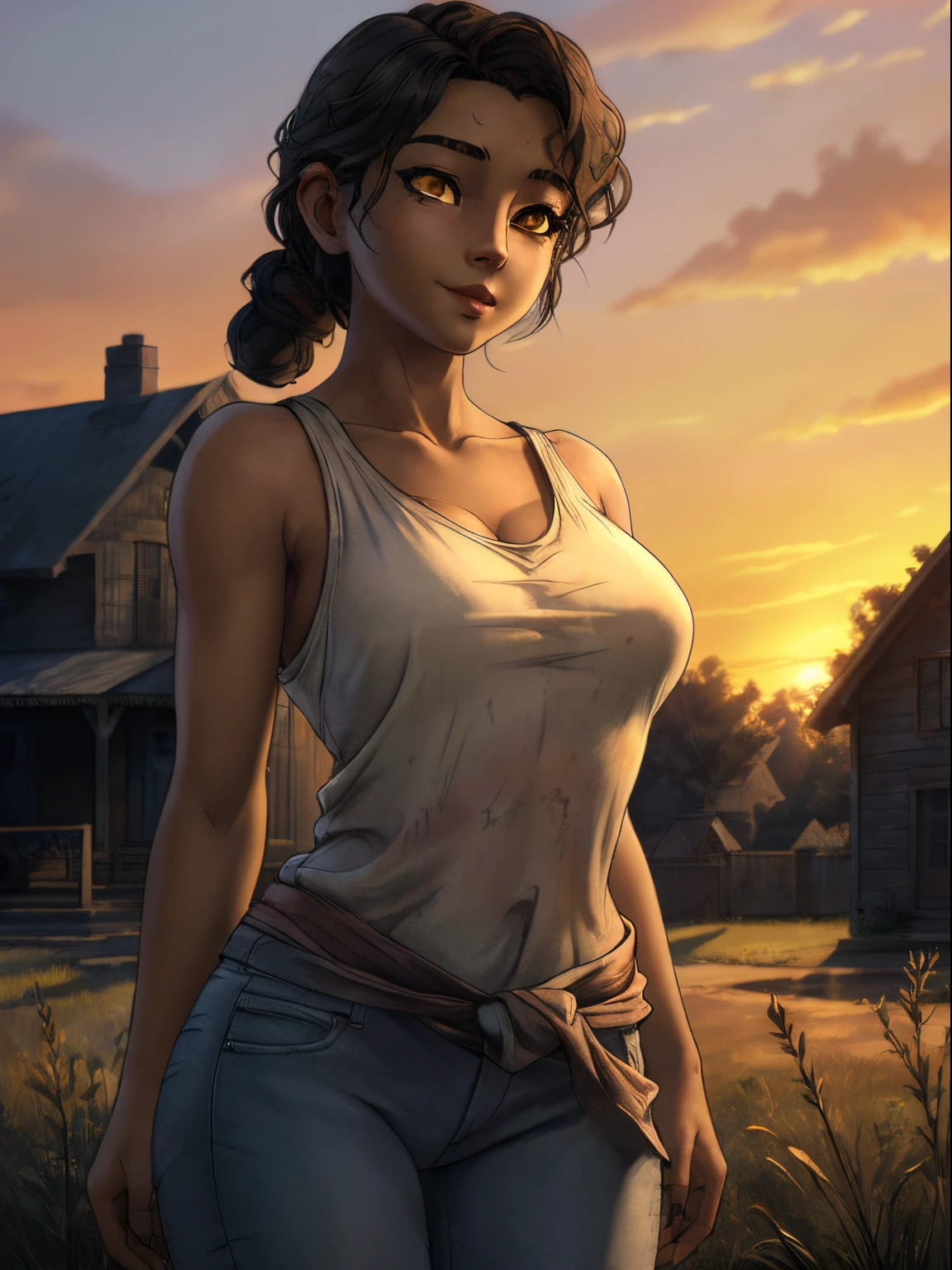 ((ultra quality)), ((tmasterpiece)), Clementine from the walking dead, ((Black, hairlong)) (Beautiful cute face), (beautiful female lips), Charming, ((aroused expression)), looks at the camera with a gentle smile, eyes are slightly closed, (skin color dark), Body glare, ((detailed beautiful female eyes)), ((dark yellow eyes)), (juicy female lips), (beautiful female hands), ((perfect female figure)), perfect female body, Beautiful waist, gorgeous big thighs, beautiful breasts, ((Subtle and beautiful)), stands, (close-up of the face), (wearing blue jeans, gray sleeveless tank) background: country house, backyard, evening, Beautiful sunset, ((Depth of field)), ((high quality clear image)), (crisp details), ((higly detailed)), Realistic, Professional Photo Session, ((Clear Focus)), the anime