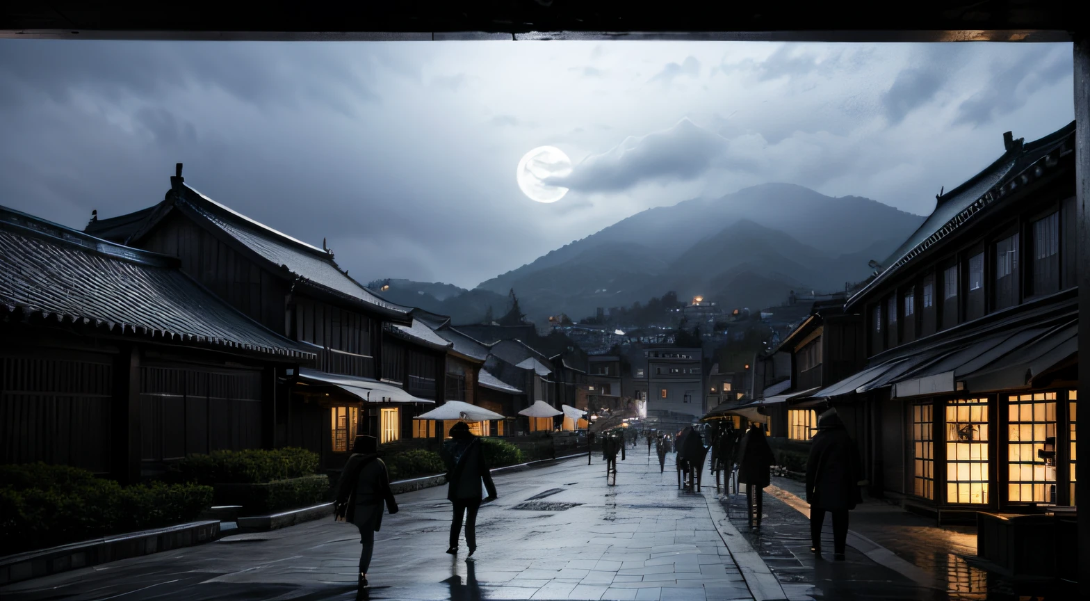 medieval korea at night, lamps, people walking, overcast sky. fullmoon, Munsan(Munsan), Light fog, Depressed mood, black-and-white, fearless