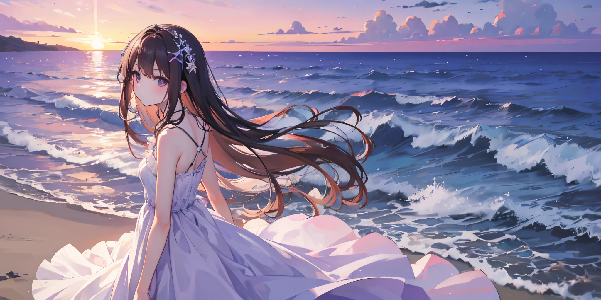 Masterpiece, Best quality, beautiful purple sunset at beach , in summer, beautiful detailed water, over the sea, Girl, Solo, Long hair, Brown hair, x hair ornamen,Black eyes, white dresses, Summer_dress, Arm at side , Looking into the distance