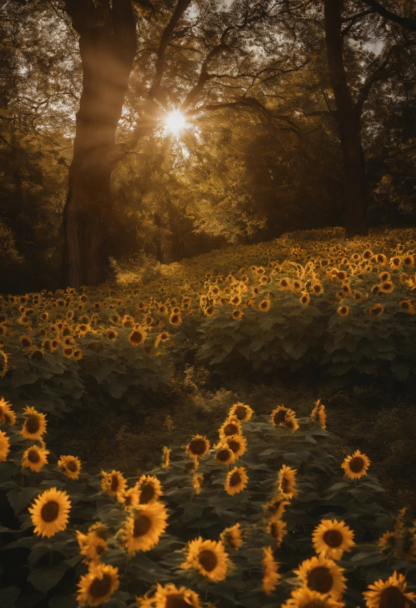 sunflower field,sunflower flower, courtyard, Rays of sunlight, symmetry, polar opposites, romanticism, About art, Contemporary art, Lumism, Cinematic lighting, sparkle, god rays, 光线追踪, UHD, retina, Masterpiece, ccurate, super detaill, Anatomically accurate., high detailed, High Quality, Award-Standing, Best Quality, high resolucion, 16 k