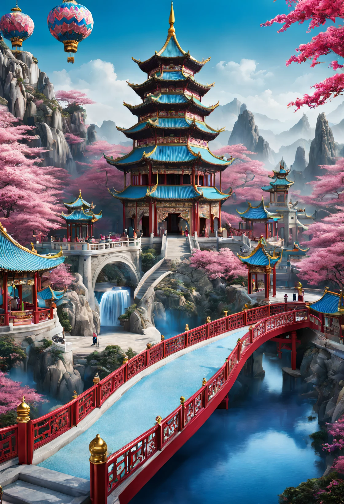 （Very unified CG design），（Poster design）， (cloisonne theme park poster），（）Poster with text China Cloisonné Theme Park），dreamland dreamland，ultra-realistic realism，Asymmetrical balance ，( magenta ）Carmine＋( blue white colors ）Blue-cyan＋( tin foil gold ）golden colored，