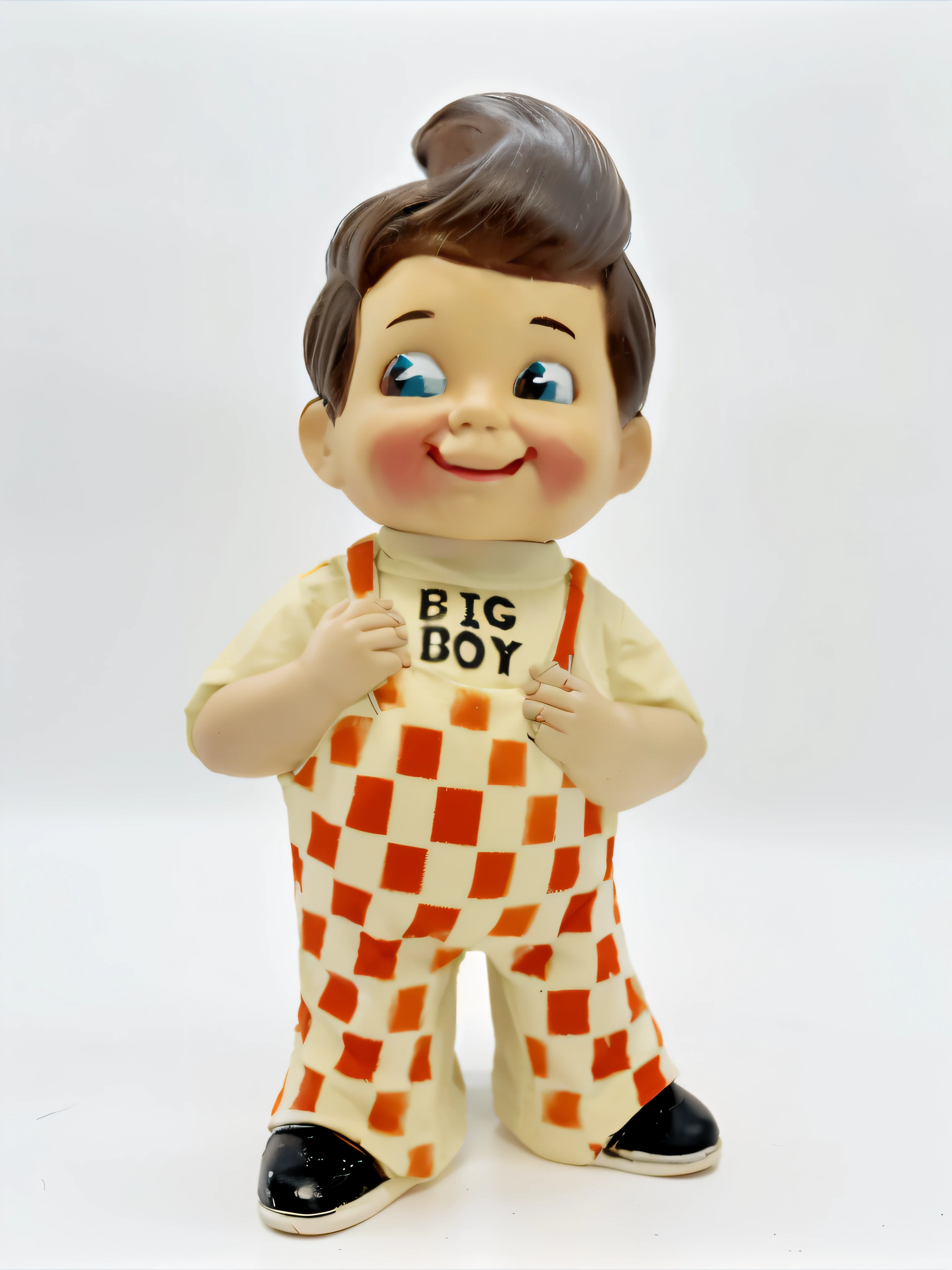 Boneca Goodguys, with medium brown straight hair, the iconic killer doll, com um sorriso sutil no rosto, um fundo claro com uma camisa de manga xadrez laranja, with denim overalls. Com sapatos laranja, criando uma atmosfera de terror, a 3D model with high-resolution textures and realistic lighting, --AR 16:9 --v 5 -
