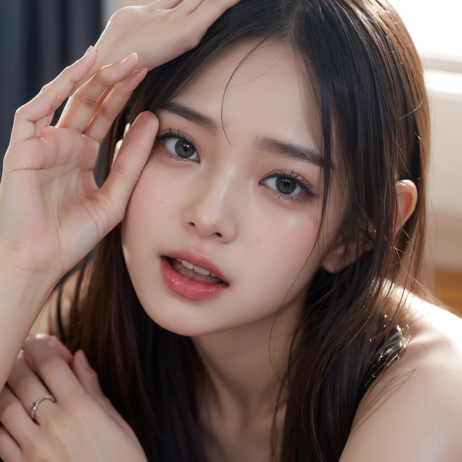 (in 8K、 Raw photography、top-quality,、hight resolution),、(hyper realisitic)、(realisitic),、Soft light、、girl with、Lifelike face、Realistic body、real looking skin、absurderes、​masterpiece、Cuties、独奏、Innocent eyes、blusher、Cinema Lights、cherry colored lips、The hair 、a closeup、looking at viewert、 Open lips,、Upper teeth,、(Smiling eyes:0.6)、eyes focus、professionally lit、CG Social Trends、Plastic En、((Black Long Hair))、((Beautuful Women))、(A smile)、Fashionable、Happy -、fashion magazine、((lighting like a movie))、Grinning､((mountain hut))、suns、an legs、on the bed、undergarment、opens legs、