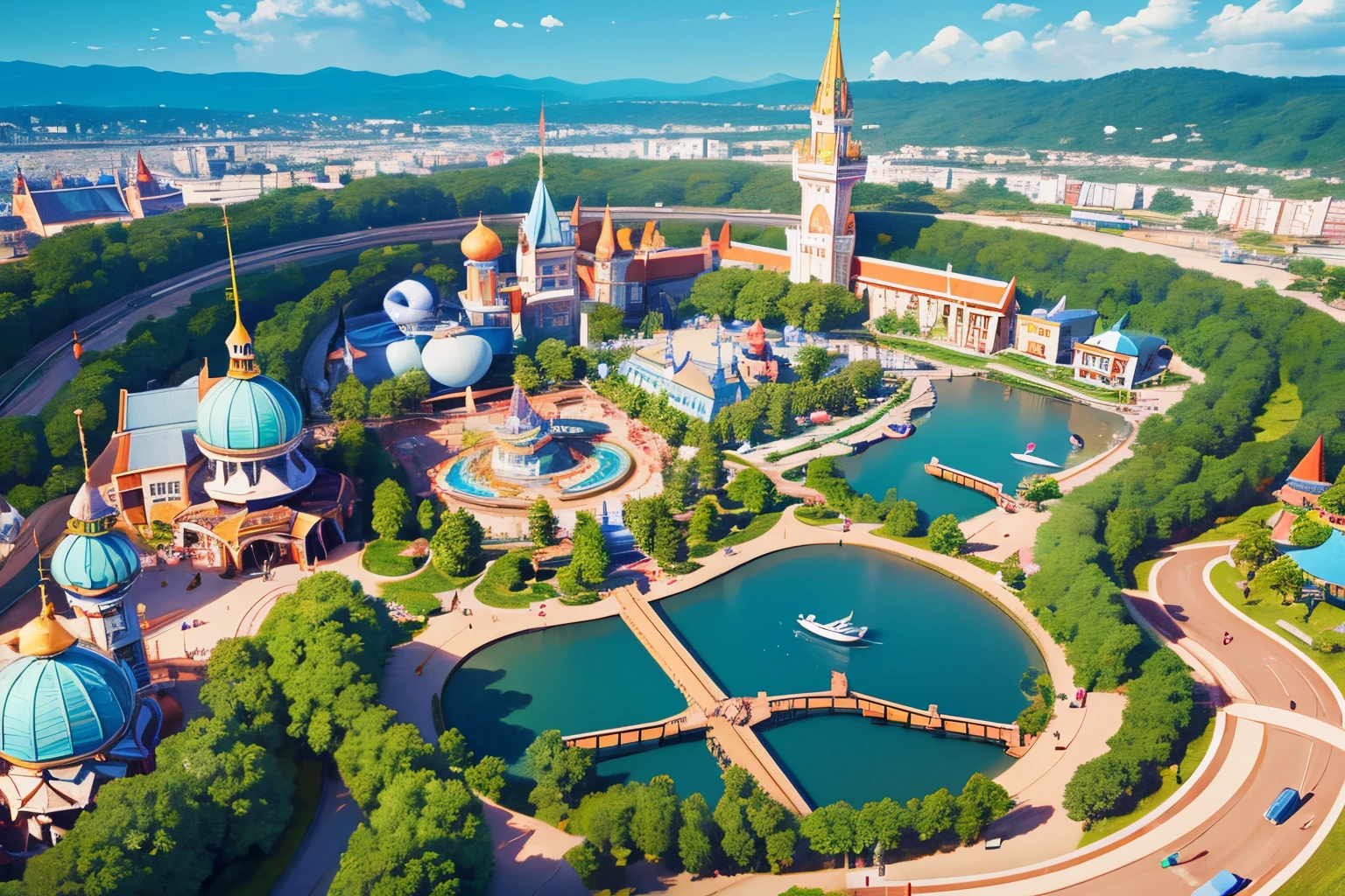 Draw Isometric View of Theme Park, where Lyuli walk freely and communicate with wild animals., and wild animals are not afraid of people and approach them, Wild Animal Theme Park, people petting kind wild animals, people hug wild animals, wild animals are very kind, Pixar 3D style, Very high detail, fairy park, bright colors in Disney style, Wide angle, height 25 meters