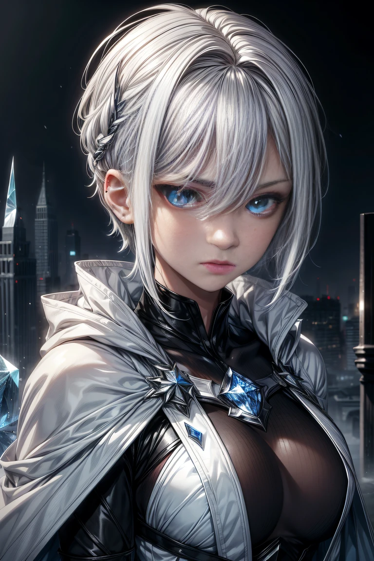 (a)woman,young,19 years old,shorthair white hair,(shorthair:white hair:1.1),skin as white as snow,cold gaze,black clothes,[grey robe],cape,half body,(background:blue lights),(blue-eyed:crystal eyes),(ice blue eyes),(icy:blue eyes),(intense:blue eyes),(crystal clear eyes),(intense gaze),(sharp gaze),(piercing gaze)