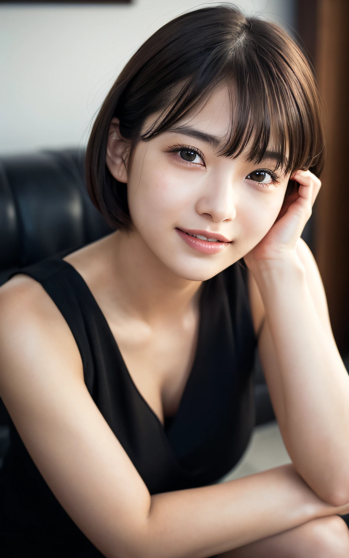 (Photo Real:1.4), (hyper realisitic:1.4), (Smooth lighting:1.05), 1 girl, (sad:1.4), Mouth slightly open, Neat and clean beauty, 22 years old, Soft lighting, Back lighting, (cheerfulness:1.2), (Finest Real Textured Skins), Narrow-eyed, Super fine face, glowy skin, retinas, Anatomically correct, acurate, Super Detail, Textured skin, High quality, high details, Best Quality, High resolution, livingroom, Short hair, Bangs, Blouse