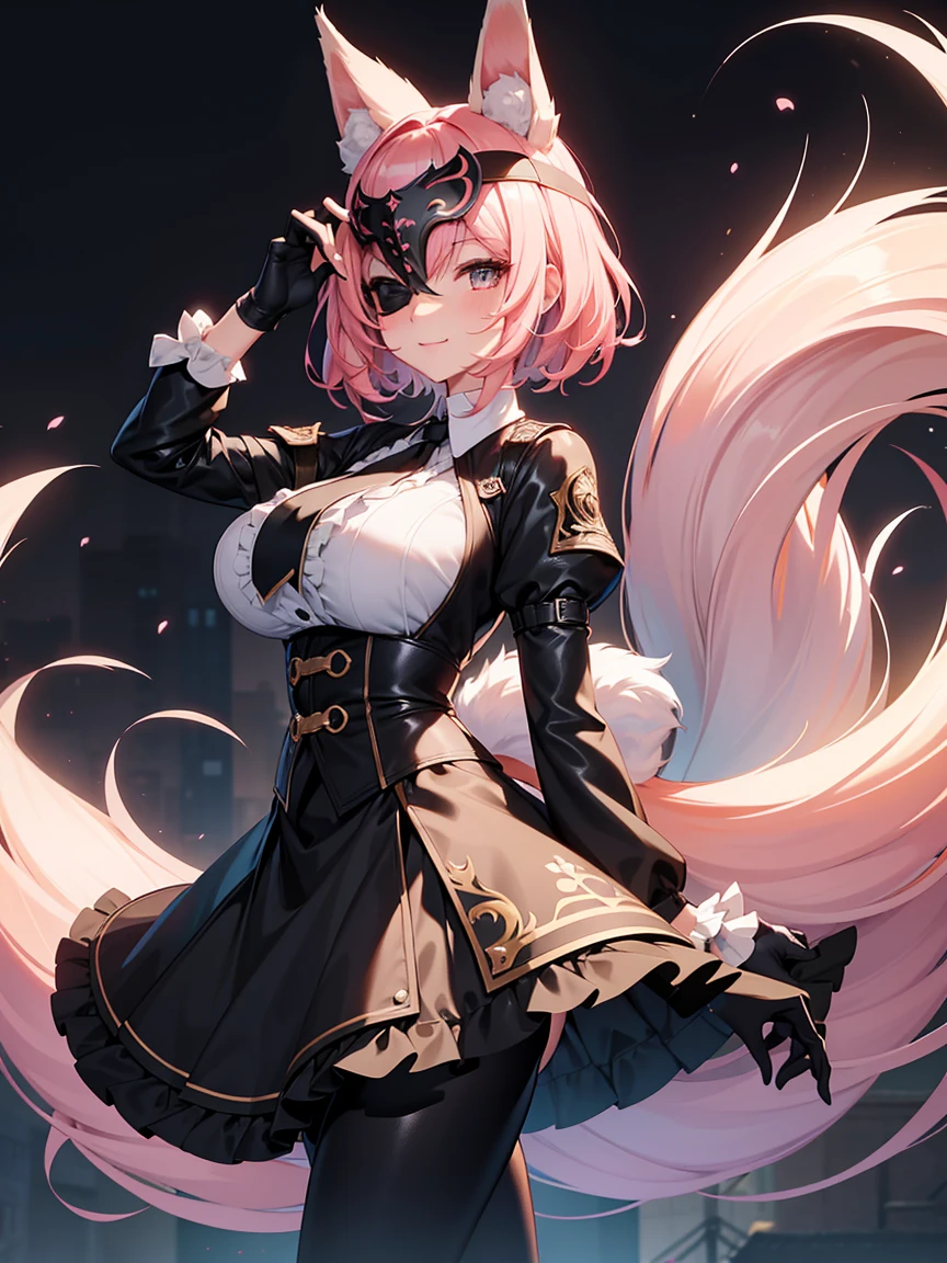 more_details:1.5, kemonomimi, 1 girl, ((masterpiece)), (((best quality))), ((unity 8k wallpaper)), (((ultra-detailed))), ((ultra high resolution)), ((ultra detailed eyes)), ((ultra detailed clothes)), ((ultra detailed background)), (nice hands), (nice legs) masterpiece, intricate details, detailed background, long legs, two tone hair, fox ears, fox tail, fluffy tail, long tail, looking at viewer, short hair, fluffy hair, smiling, solo, add_detail:1, very long skirt, dsharu, big breast, pink hair, victorian style, pants, black clothes, leather boots, medieval, eye mask, masquerade mask, long sleeves, silk gloves, blindfold, coattail, collared shirt