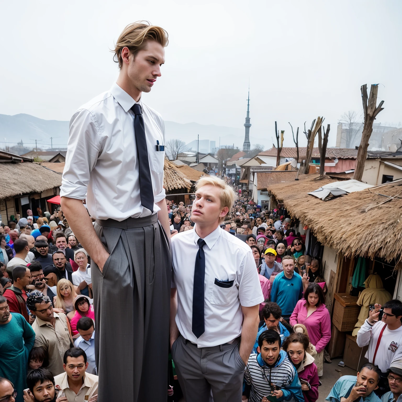 giant tall white man with blonde hair in white shirt, much shorter white guy in shirt, a group of super short men, background is a poor remote village