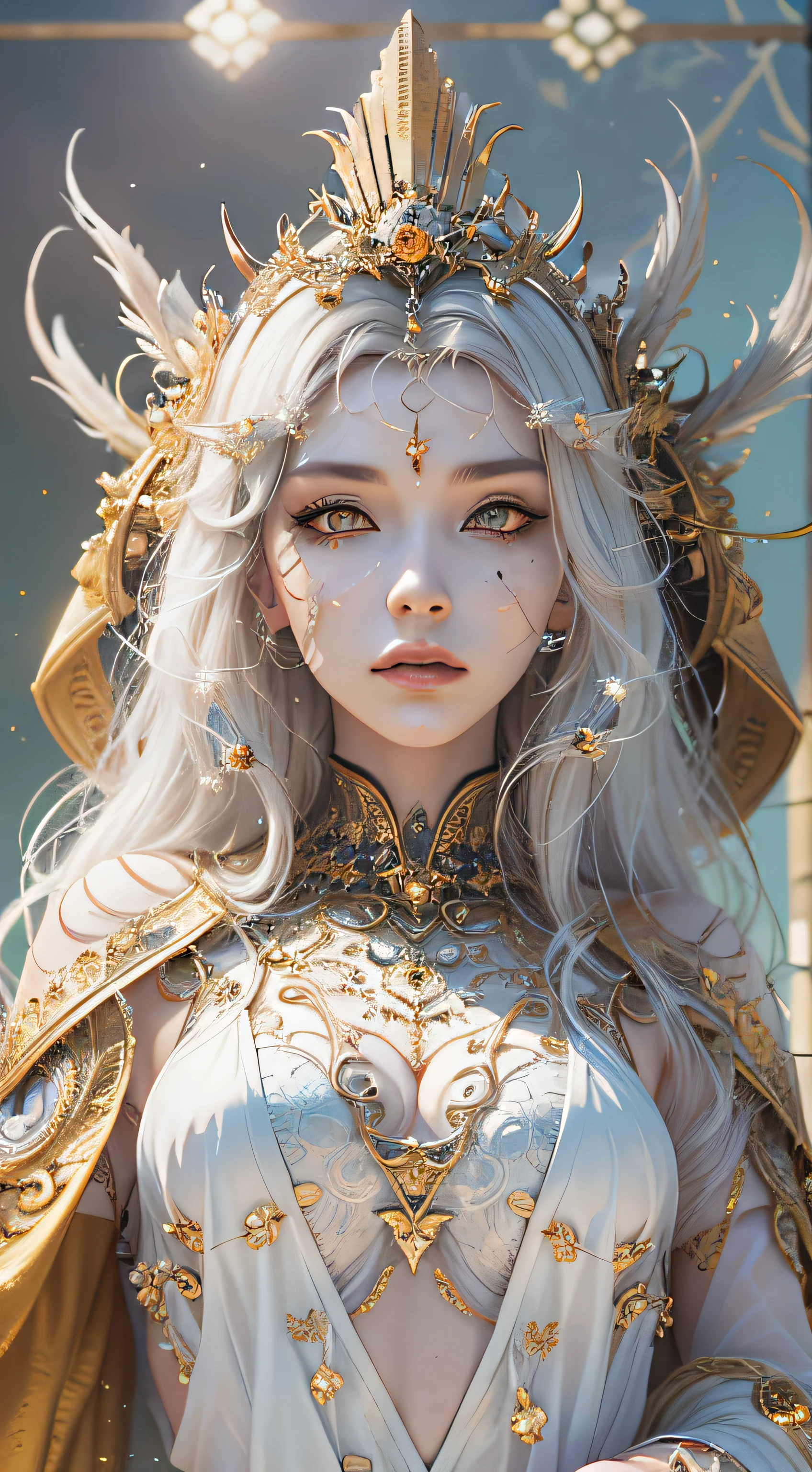 (((masterpiece))), (((best quality))), ((ultra-detailed)), (hyperrealistic), (highly detailed CG illustration), ((an extremely delicate and beautiful)),absurdres, yellow eyes , white hair, long hair, beautiful alluring young female, entrancing, enticing, Cinematic, Hyper-detailed, insane details, Beautifully color graded, Unreal Engine, DOF, Super-Resolution, Megapixel, Cinematic Lightning, Anti-Aliasing, FKAA, TXAA, RTX, SSAO, Post Processing, Post Production, Tone Mapping, CGI, VFX, SFX, Insanely detailed and intricate, Hyper realistic, Volumetric, Photorealistic, ultra photoreal, ultra- detailed, intricate details, 8K, Super detailed, Full color, Volumetric lightning, HDR, Realistic, Unreal Engine, 16K, Sharp focus --v 5, A mesmerizing and ethereal young woman draped in fantasy clothes.Her eyes, filled with ancient wisdom, Sunlight gently illuminates her flawless, She emanates an aura of both power and serenity, captivating all who gaze upon her. Evil look, sadistic, Digital art,porcelain skin, black eyeshadow, black eyeliner, long eyelashes, yellow_eyes, silver_hair, princess, glowing eyes:1.3, clean face , warrior