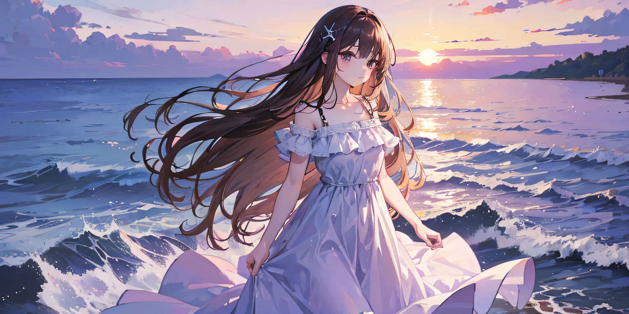 tmasterpiece, Best quality at best, beautiful purple sunset at beach , in summer, Beautiful and delicate water, across the sea, girl, Alone, long whitr hair, Brown hair, x hair ornamen,黑The eye, white dresses, 夏天_a skirt, arms to one side , looking at the distance