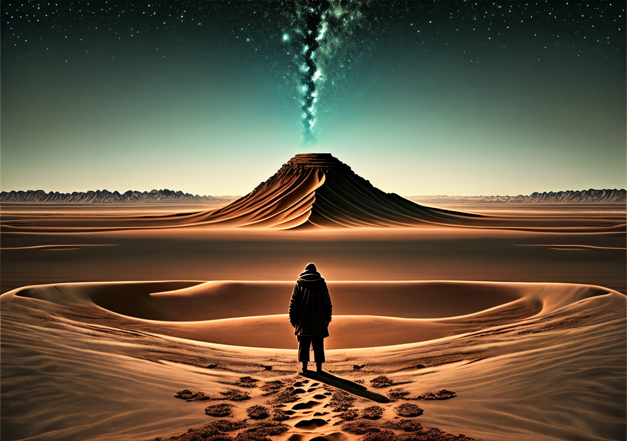 An image of a lone figure standing on a desolate, barren landscape, conveying the soul’s isolation resembling a tumor on the vast canvas of the universe, resisting the collective embrace of nature.