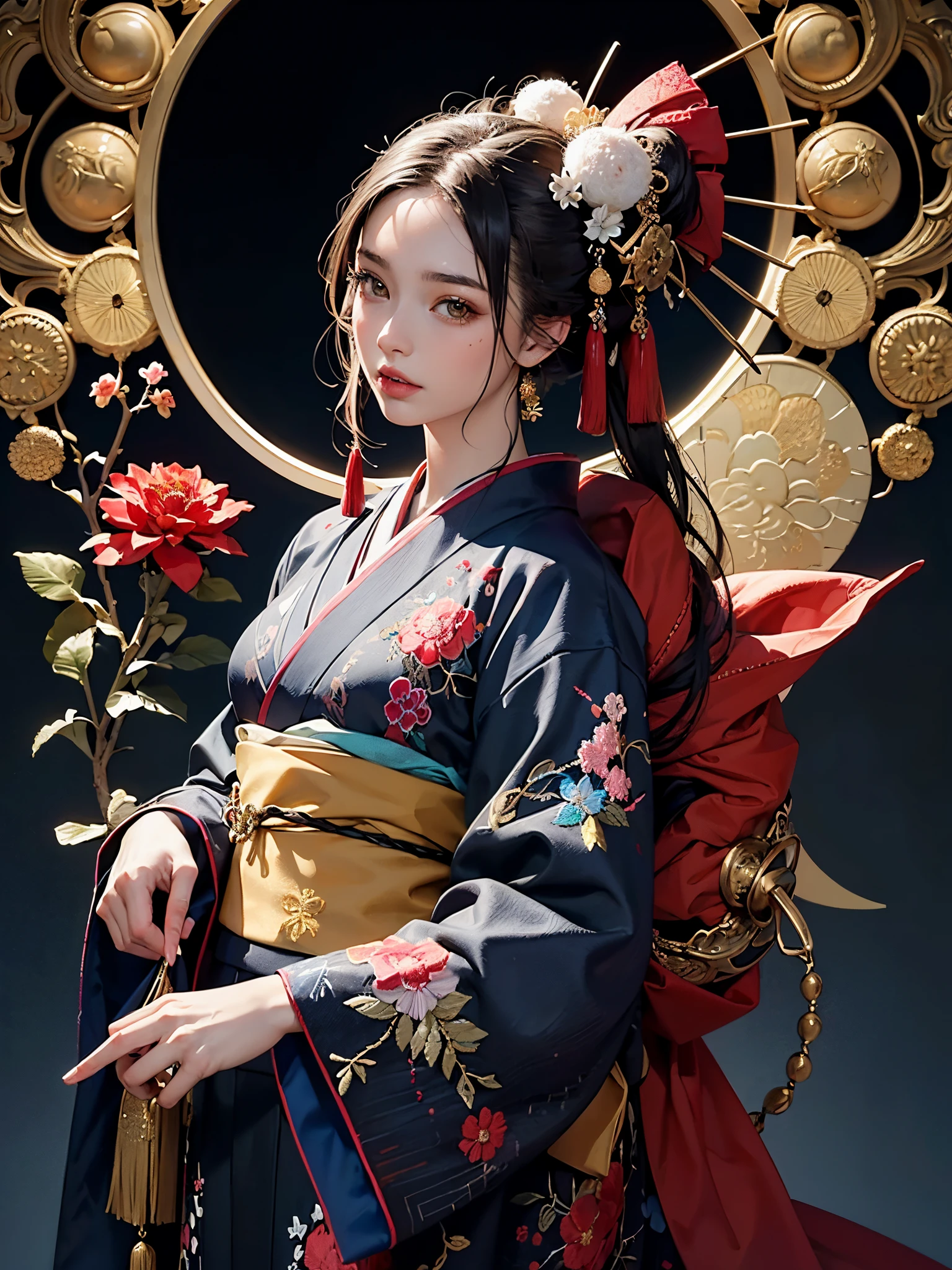 (masterpiece, top quality, best quality, official art, beautiful and aesthetic:1.2), (1girl),elaborate costume(Luxurious Japan kimono(Colorful kimono(detailed embroidery))), extreme detailed,(Fractal art),colorful,highest detailed,Mandala in the background