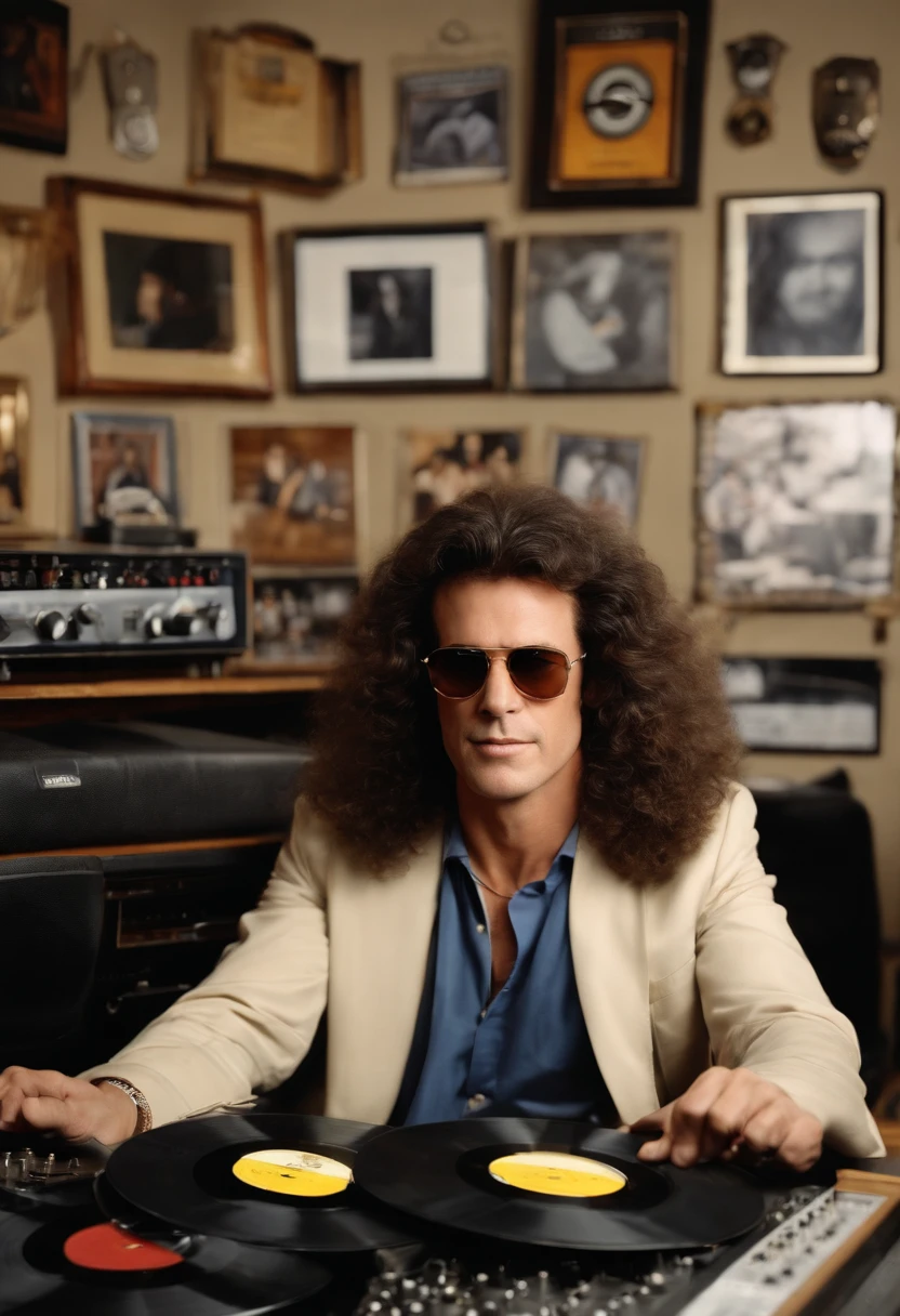 The image is of the character sitting in the Rebel Radio Station studio, surrounded by vintage vinyl records and classic rock memorabilia, preparing for the on-air show.,original,Howard in the 1990s, the renowned radio personality, was known for his distinctive, long curly hair that fell past his shoulders, often paired with dark sunglasses, projecting a rock star-like image. His tall, slender frame was typically clad in casual, yet stylish attire, reflecting his nonconformist attitude and presence in the entertainment world. , male