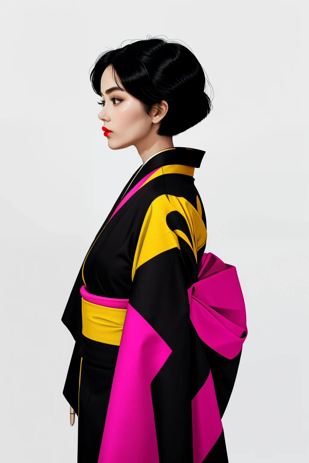 a 1girl, body complet, very detail, a lot of details, very extremely beautiful, ((tmasterpiece, minimalism)), (straight black short Hair), (modern kimono), bright colours, looks into the distance, bold lips