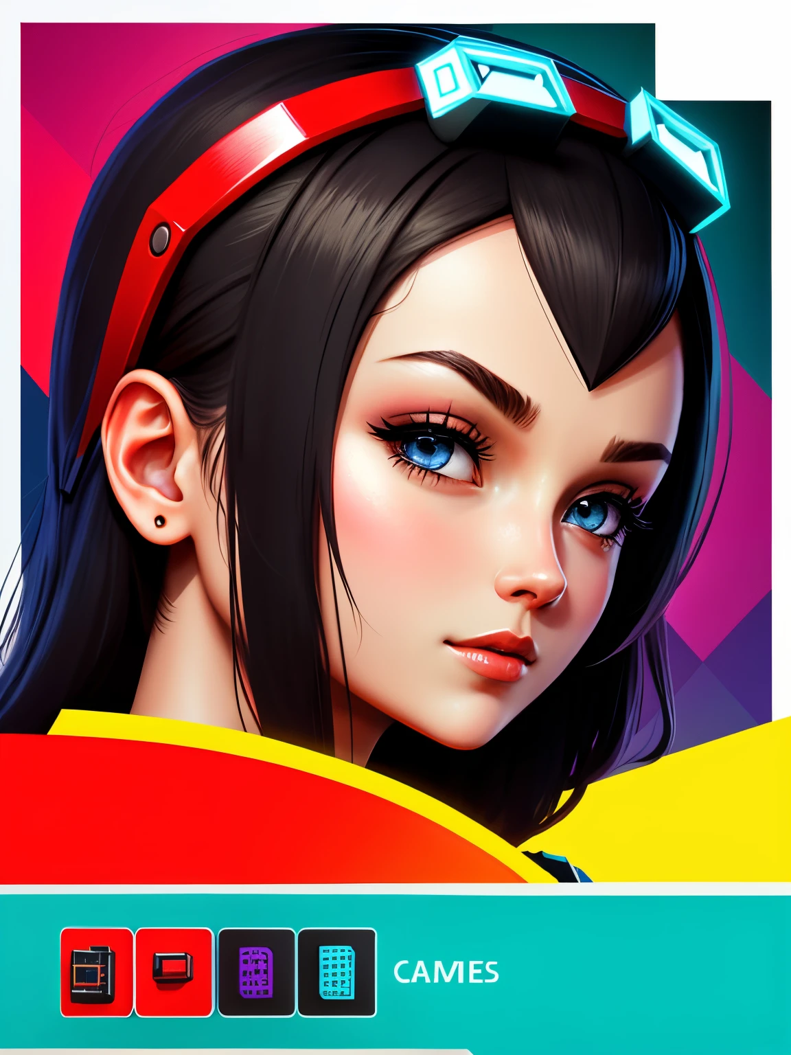 Gaming icon assets, 4 by 7 grid with head ornaments, well detailed, bright colors