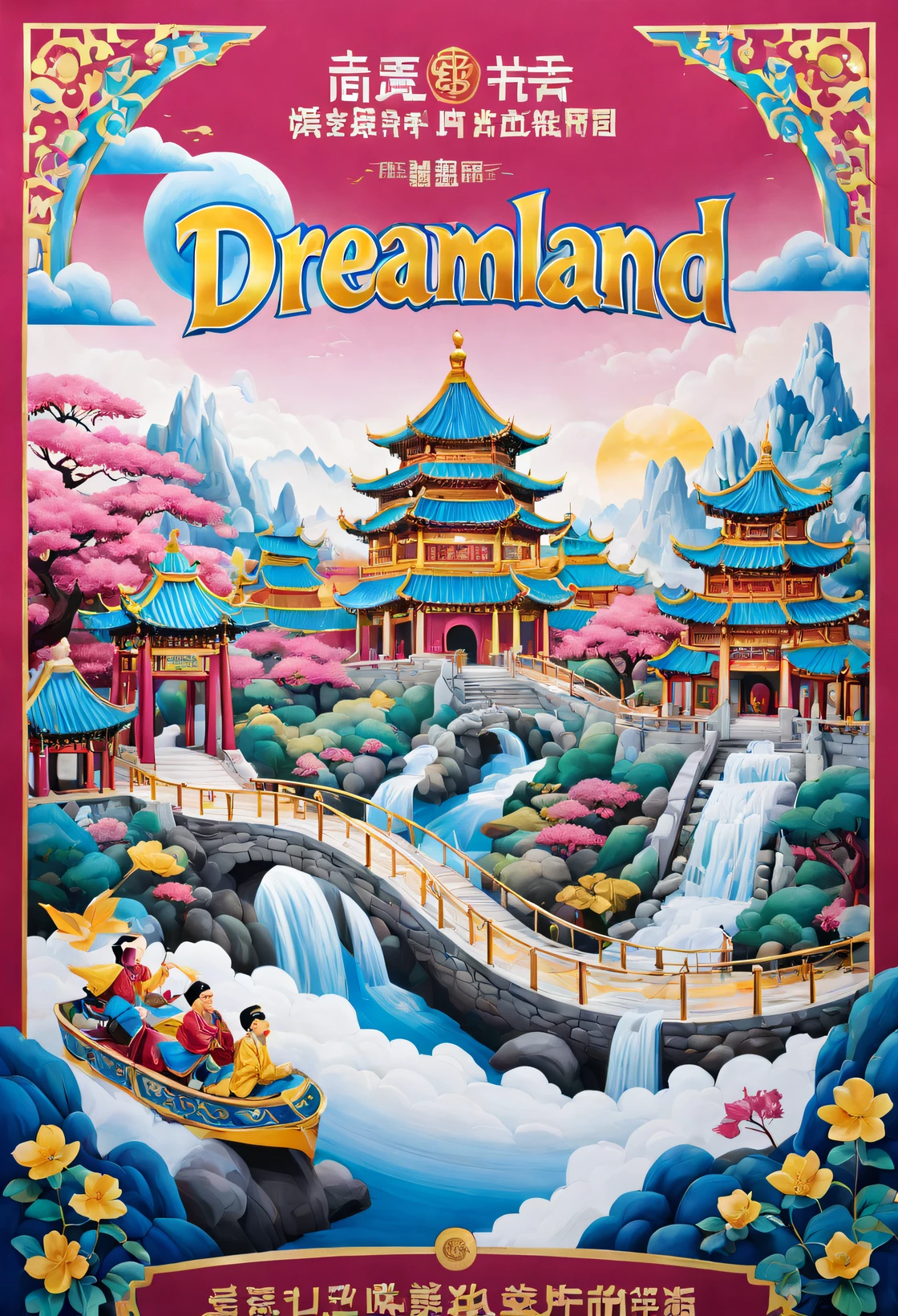 （Poster design：1.3）， (cloisonne theme park poster），（Poster with text China Cloisonné Theme Park），dreamland dreamland，ultra-realistic realism，Asymmetrical balance ，( magenta ）Carmine＋( blue white colors ）Blue-cyan＋( tin foil gold ）golden colored，