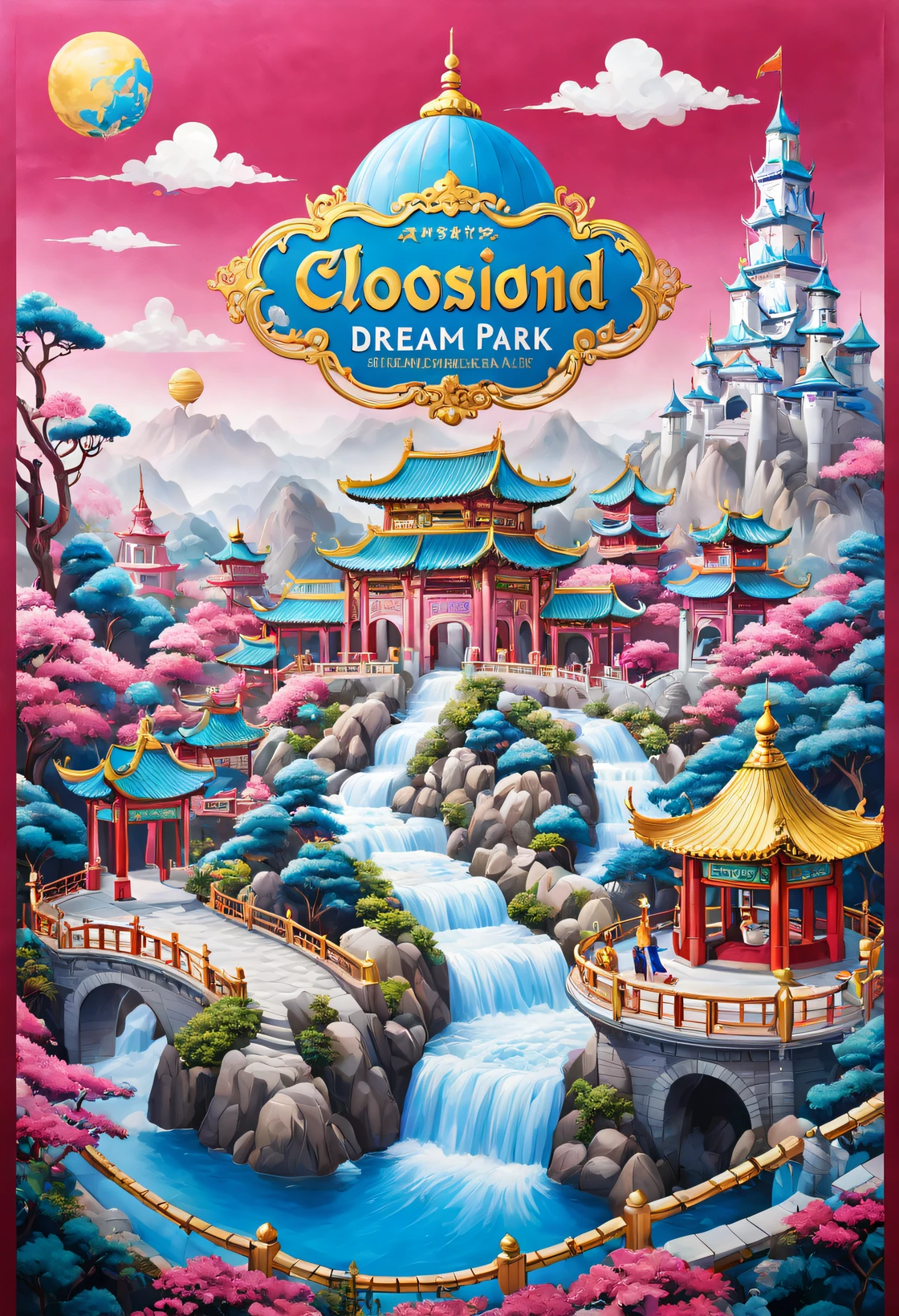 （Poster design：1.3）， (cloisonne theme park poster），（China Cloisonné Theme Park），dreamland dreamland，ultra-realistic realism，Asymmetrical balance ，( magenta ）Carmine＋( blue white colors ）Blue-cyan＋( tin foil gold ）golden colored，