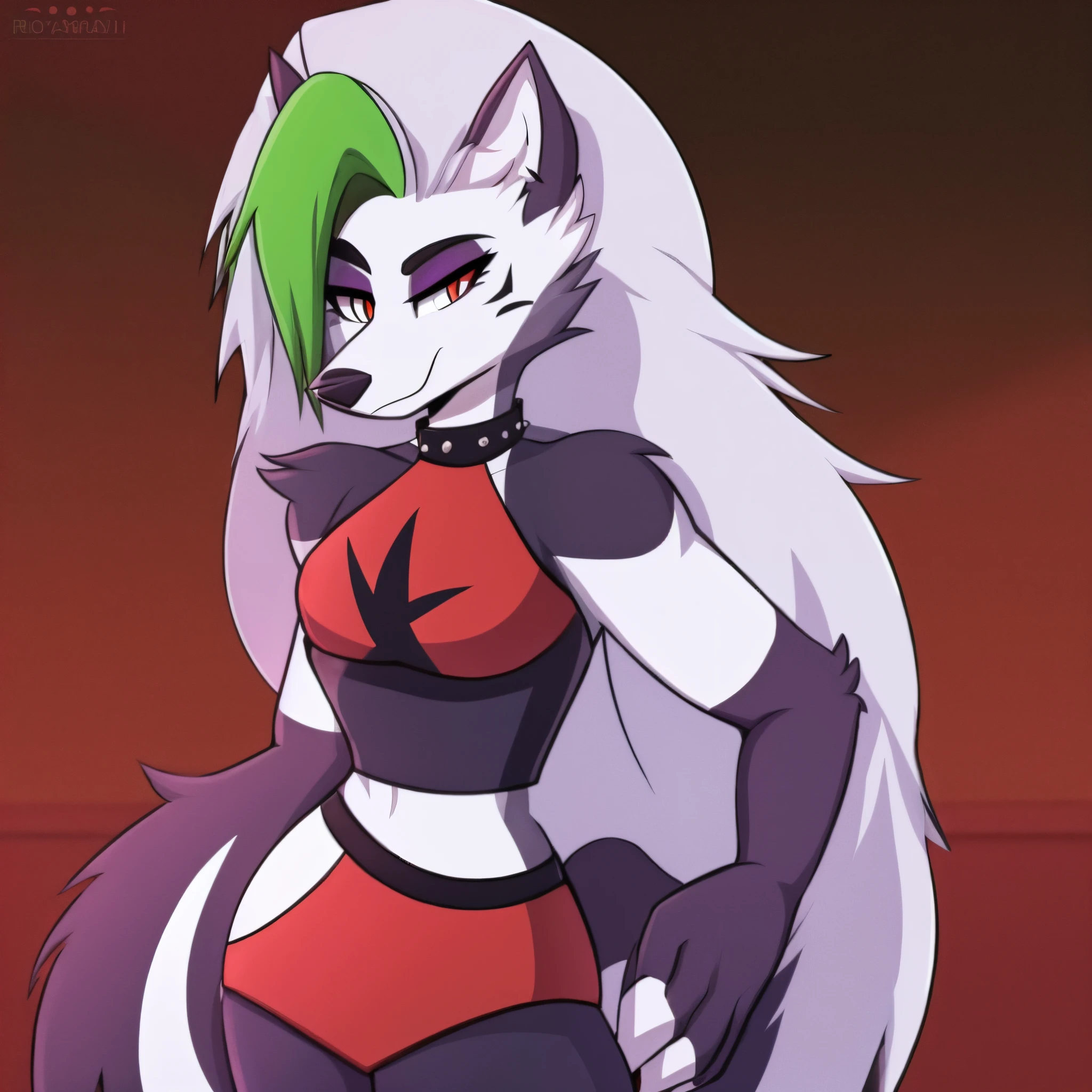 best quality, (roxanne fused with loona:1.1), solo, furry female, body fur, makeup, sexy clothes