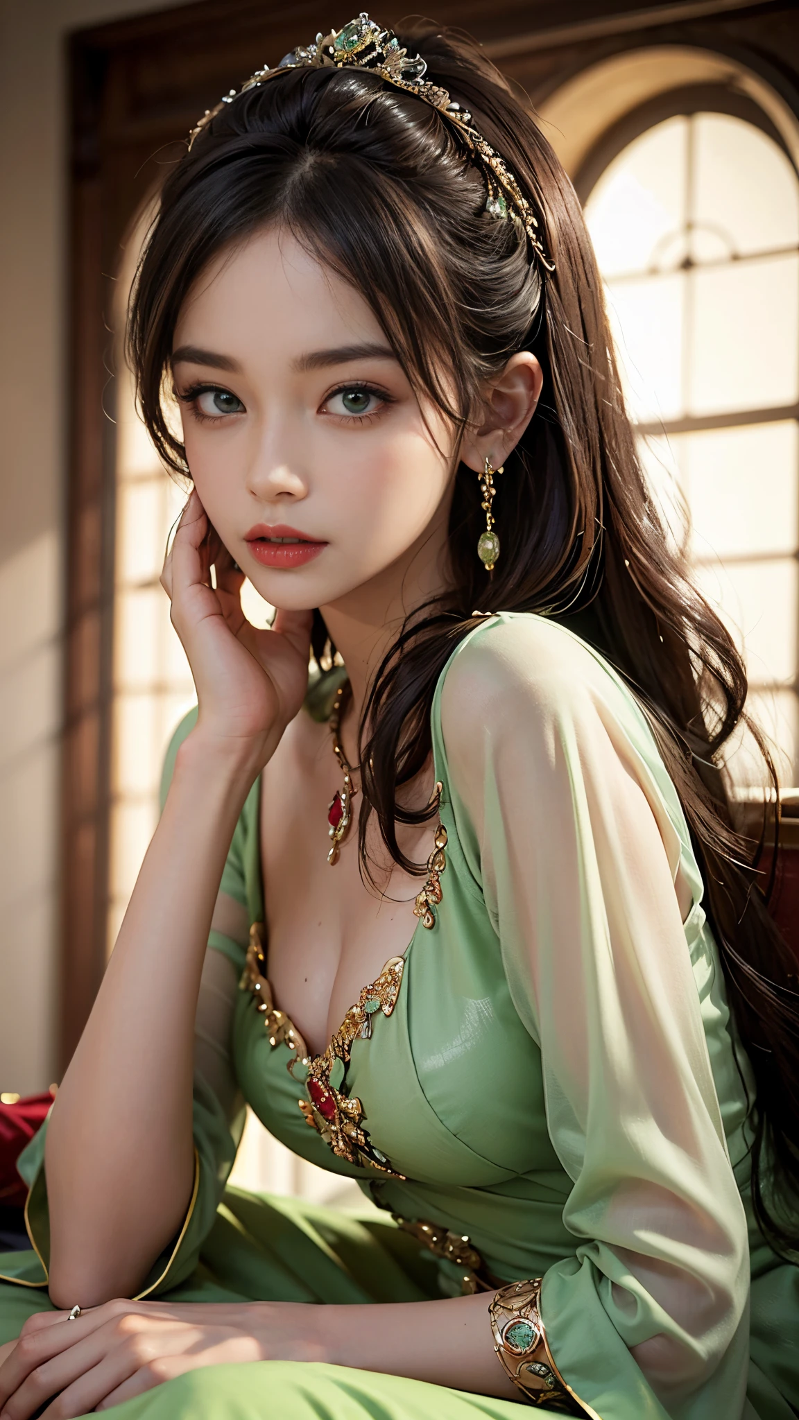 (8K, highest quality, masterpiece:1,2), (realistic, Photoreal:1.37), Super detailed, one girl,), (very detailed), (detailed and beautiful eyes), (highest qualityの), (Super detailed ), (masterpiece), (detailed face),woman((19 years old)),portrait, blackhairストレート, yellow-white eyes, 長いhair, blackのhair ,hair((black、 彼女の前hairは下がっている,length)), ウェーブのかかったhair, 前hair, background golden hour, null, Tattoo on chest, Green ruffled blouse, race, neck tattoo, Rose tattoo、off shoulder