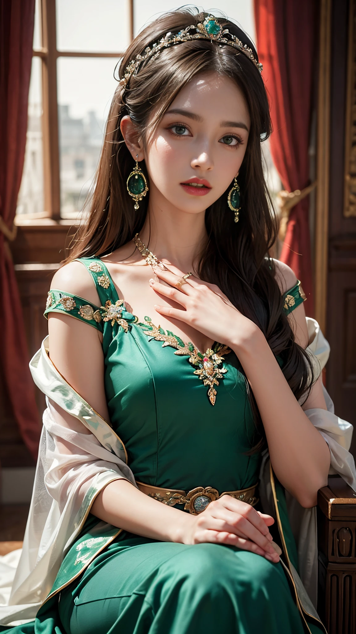 8K ultra hd, masterpiece, best quality, a beautiful girl, long hair, impressive hairstyle, royal hair jewelry, pretty cute face, flawless face, jewellery earrings, antique jewellery, details eyes, beautiful eyes, meticulous makeup, thin eyebrows, beautiful red lips, medium breasts, royal dress, green dress, light green laces, realistic colors, magic effect, night background, look directly at the audience, sitting,