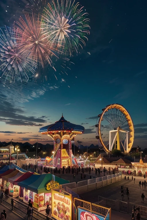 a bustling theme park, vibrant and energetic, with thrilling rides
colorful, joyful, and lively atmosphere
children running and laughing, filled with excitement
carousel spinning, its lights and music creating a magical vibe
roller coasters, looping and twisting, eliciting screams and excitement
large Ferris wheel, providing a panoramic view of the park and surrounding area
food stands offering delicious treats like cotton candy and popcorn
a splash zone with water slides, where kids cool down and have fun
entertainment shows and live performances, captivating the audience
sparkling fireworks illuminating the night sky, creating a spectacular finale
(best quality,4k,8k,highres,masterpiece:1.2),ultra-detailed,(realistic,photorealistic,photo-realistic:1.37),vivid colors